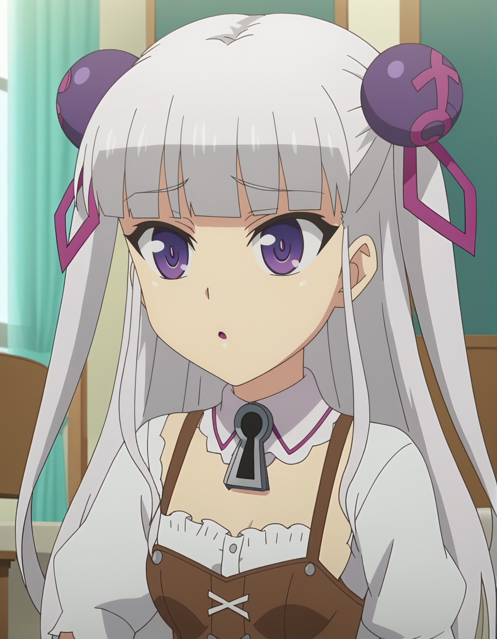 1girl,anime screencap,solo, <lora:MariaNaruse_16XL:0.8> maria_naruse, purple eyes, bangs, white hair,long hair,hair ornament,