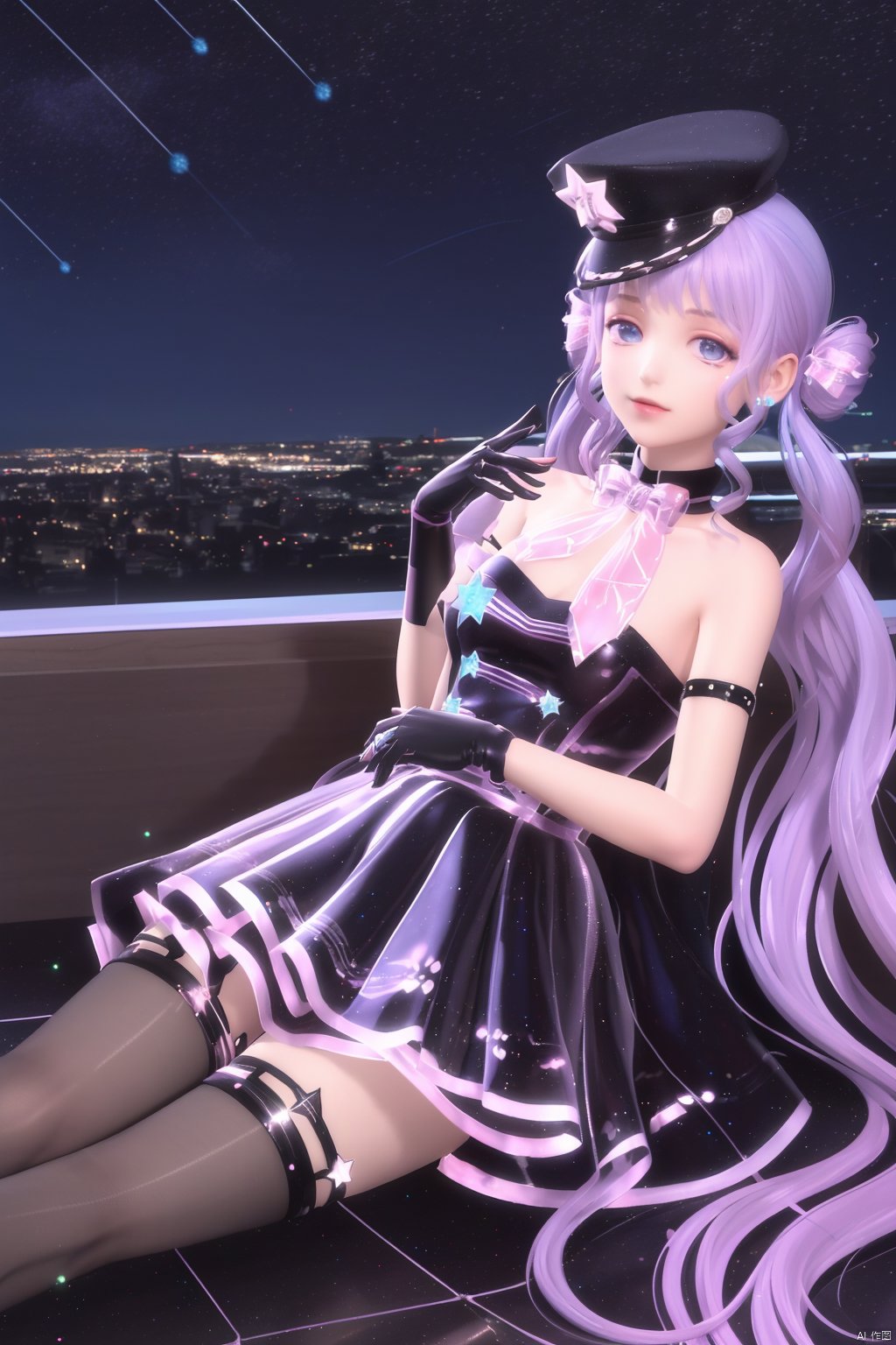 SYNNyuwangzhiyin, 1girl, solo, hat, thighhighs, gloves, long hair, twintails, blue eyes, choker, looking at viewer, star (symbol), asymmetrical legwear, dress, purple hair, black gloves, bow, jewelry, bare shoulders,(indoor),(The girl was surrounded by colorful and sparkling stars floating in the air:1.3),(Smooth and transparent ground, sparkling with light:1.5),(Colorful stars scattered all over the ground:1.0),Sitting and lying down, ,cityscape, (night:1.3), thigh strap<lora:EMS-151900-EMS:0.500000>, <lora:EMS-257102-EMS:0.750000>