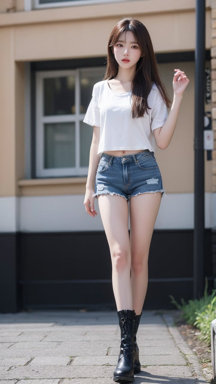 1girl, black_footwear, blurry, blurry_background, boots, brown_hair, building, cutoffs, denim, denim_shorts, depth_of_field, flower, lips, long_hair, looking_at_viewer, outdoors, photo_\(medium\), rose, short_shorts, shorts, solo, standing