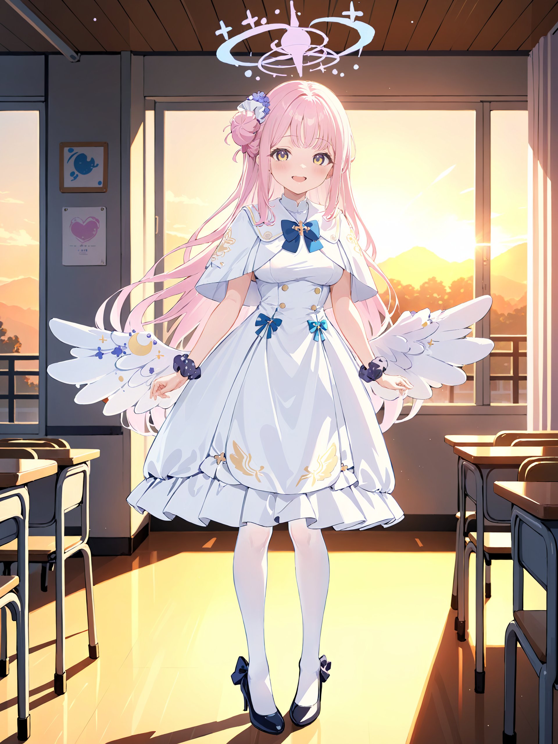 1girl, mika \(blue archive\), solo, halo, wrist scrunchie, low wings, black pumps, hair flower, white dress, single side bun, white pantyhose, capelet, blue bowtie, standing, full body, looking at viewer, smile, open mouth, sunset, classroom, window, backlighting, depth of field <lora:Char-BlueArchive-Mika-XL-V1:0.8>, masterpiece, best quality, perfect features, intricate details, ray tracing, very aesthetic, (hitenkei, askzy:0.4)