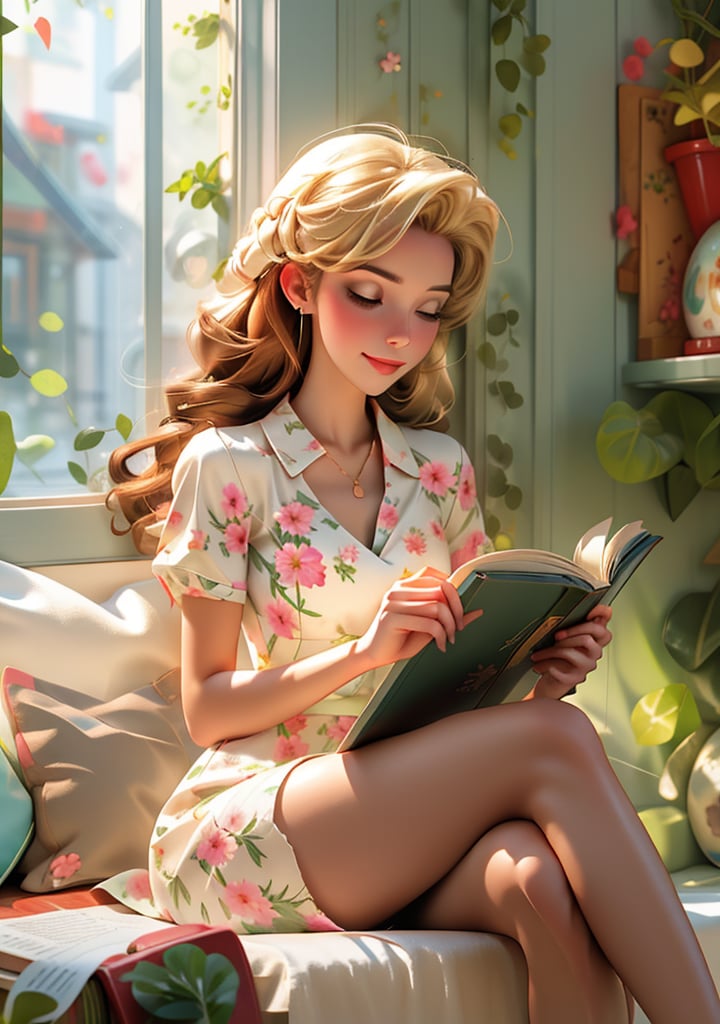 1girl blonde hair blurry blurry background blurry foreground book crossed legs depth of field earrings floral print indoors jewelry leaf mercy \(overwatch\) open book palm tree plant potted plant reading sitting smile solo sunlight table window 