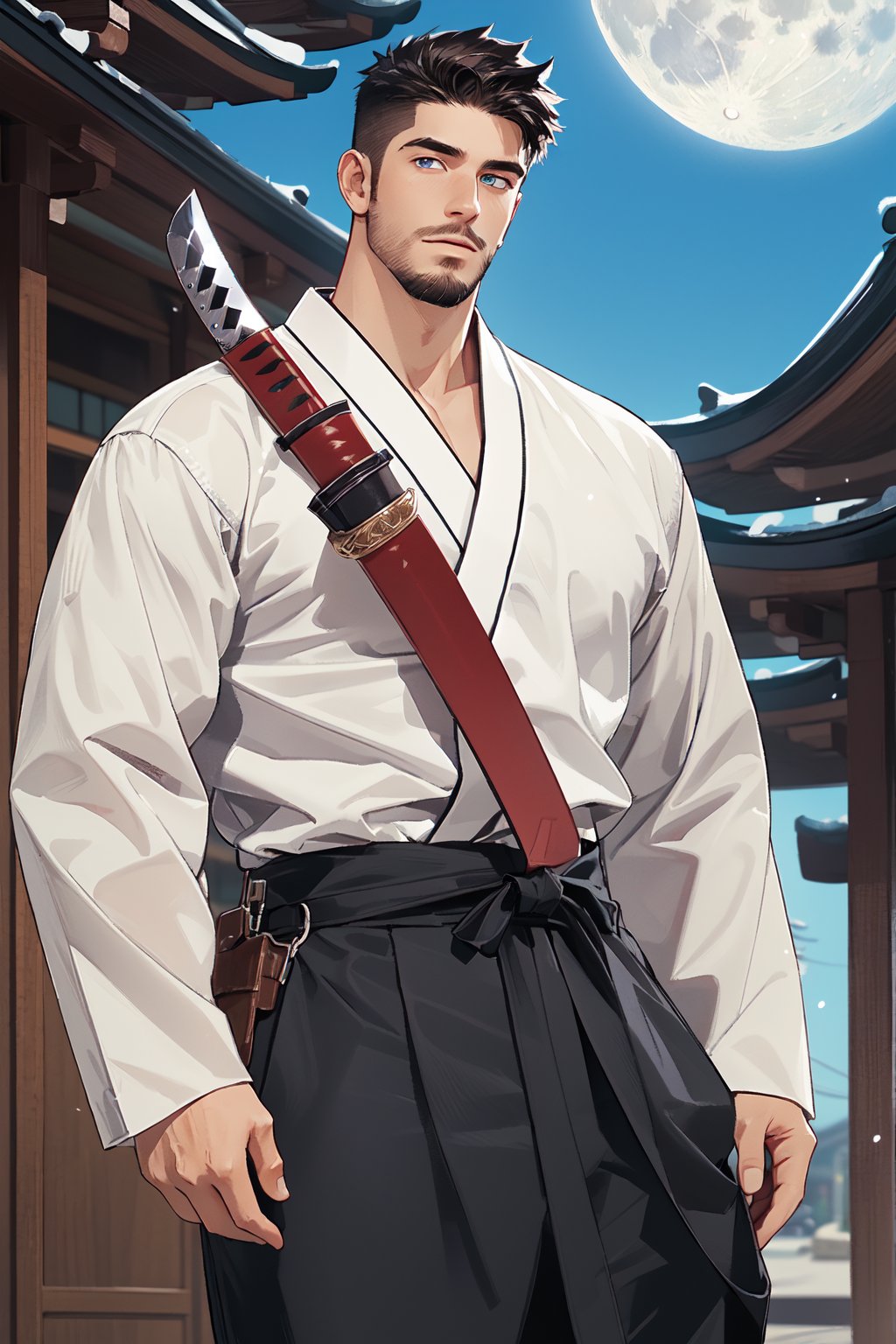 1boy,masterpiece,best quality,detailed background,solo,cowboy shot,east asian architecture,full moon,japanese armor,holding katana,looking at viewer,beard,detailed eyes,beautiful eyes,standing,depth of field,