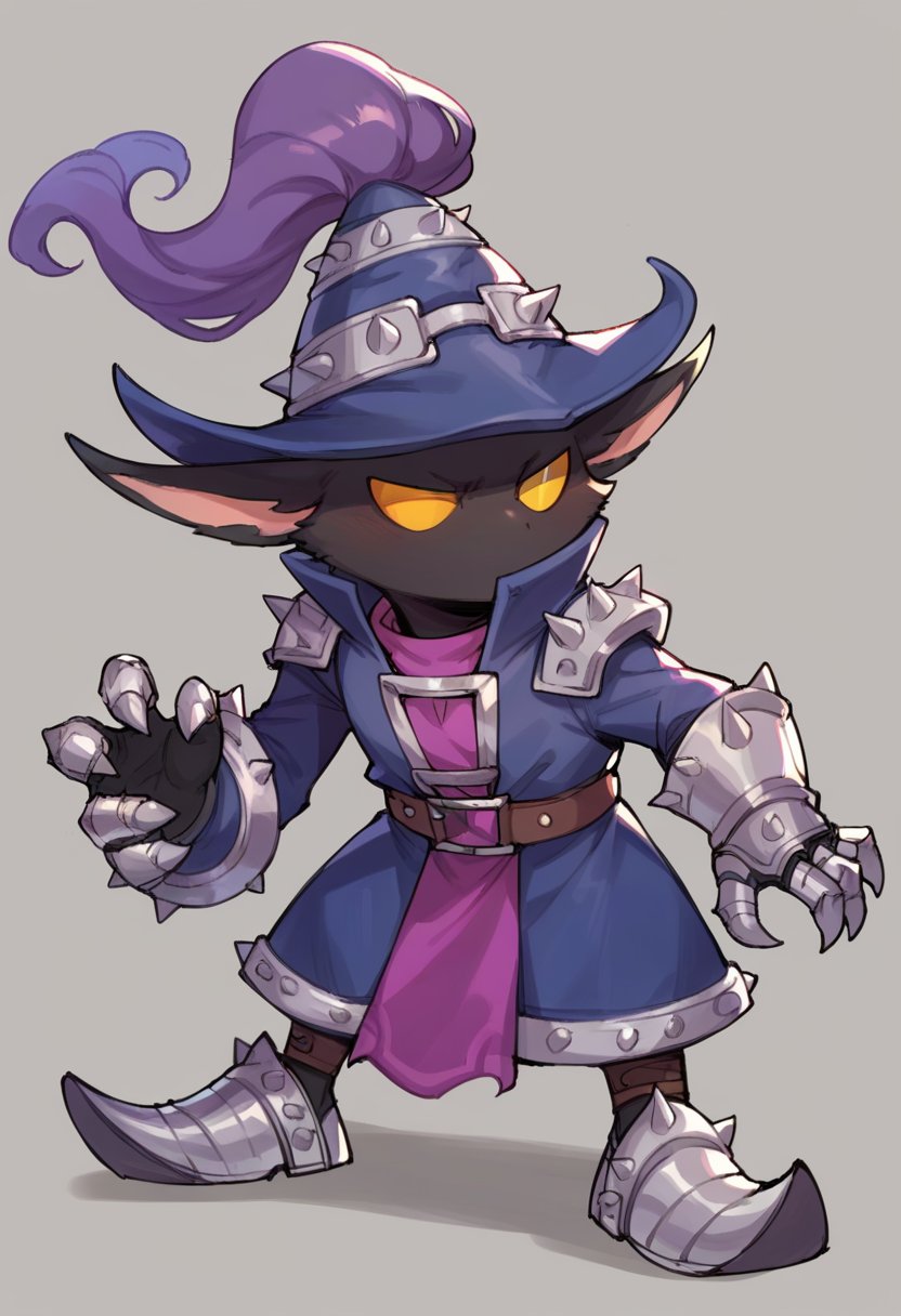 score_9, score_8_up, score_7_up, score_6_up, v3igar, 1boy, male focus, yellow eyes, yordle, hat, coat, armored shoes, belt, armor, gauntlets, <lora:Veigar_Default_v2:0.8>, leaning forward