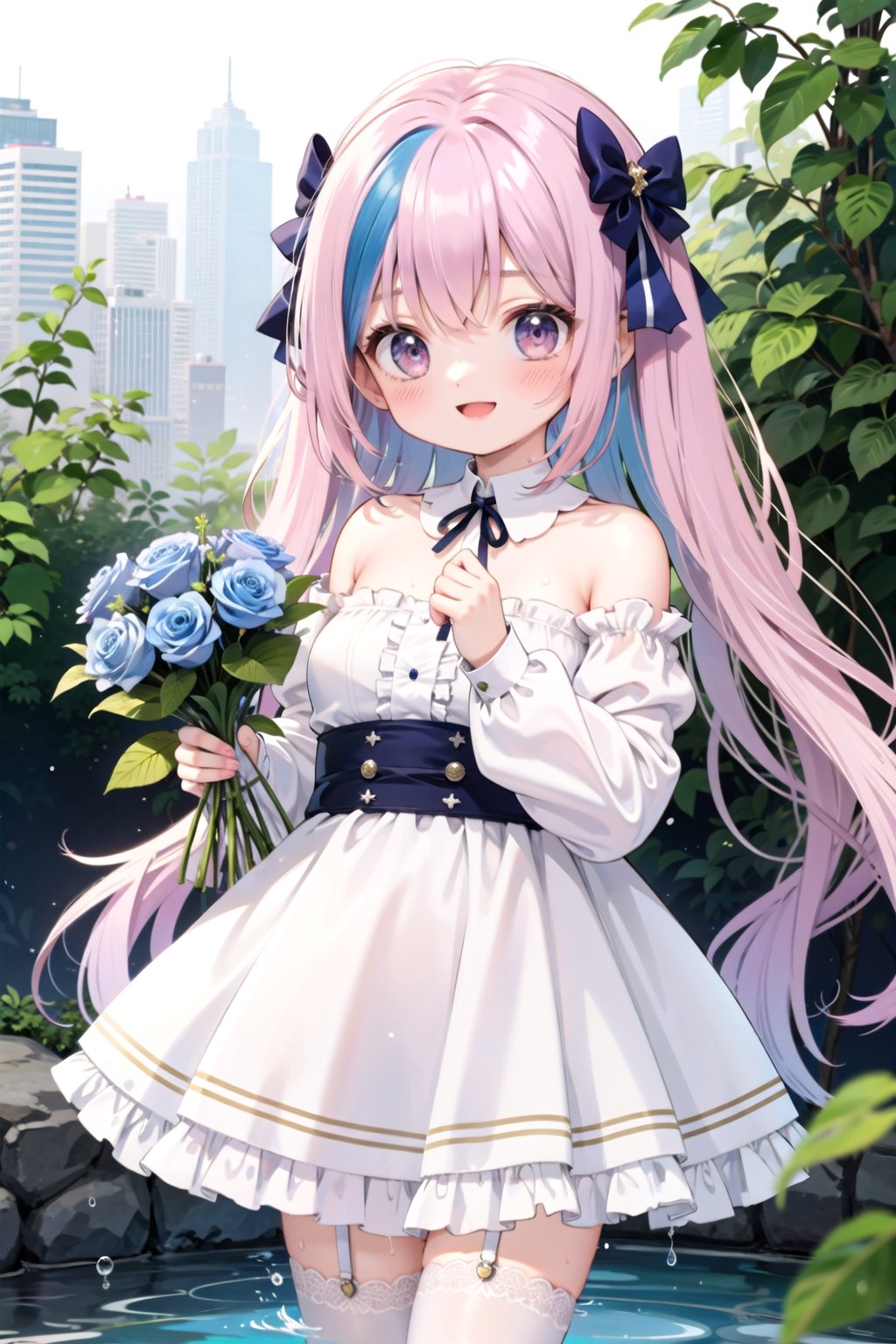 (very long hair,cowboy shot:1), (207052,207052,207052:1), 1girl, solo, flower, virtual youtuber, smile, star (symbol), star hair ornament, ahoge, long hair, hair ornament, bouquet, purple eyes, looking at viewer, white thighhighs, rose, blue flower, very long hair, open jacket, multicolored hair, jacket, frills, :d, holding, blue hair, bangs, puffy sleeves, white jacket, bare shoulders, streaked hair, blue nails, blush, blue rose, balloon, puffy long sleeves, ribbon, open mouth, dress, off shoulder, detached collar, holding bouquet, garter straps, strapless, frilled skirt, 1girl, hose, solo, pink hair, shirt, halo, long hair, smile, looking at viewer, ahoge, wet, blush, bow, water, wet clothes, hair bow, bangs, holding, closed mouth, hair between eyes, white bow, wet shirt, very long hair, 1girl, hose, solo, pink hair, shirt, halo, long hair, smile, looking at viewer, ahoge, wet, blush, bow, water, wet clothes, hair bow, bangs, closed mouth, holding, hair between eyes, white bow, wet shirt, very long hair