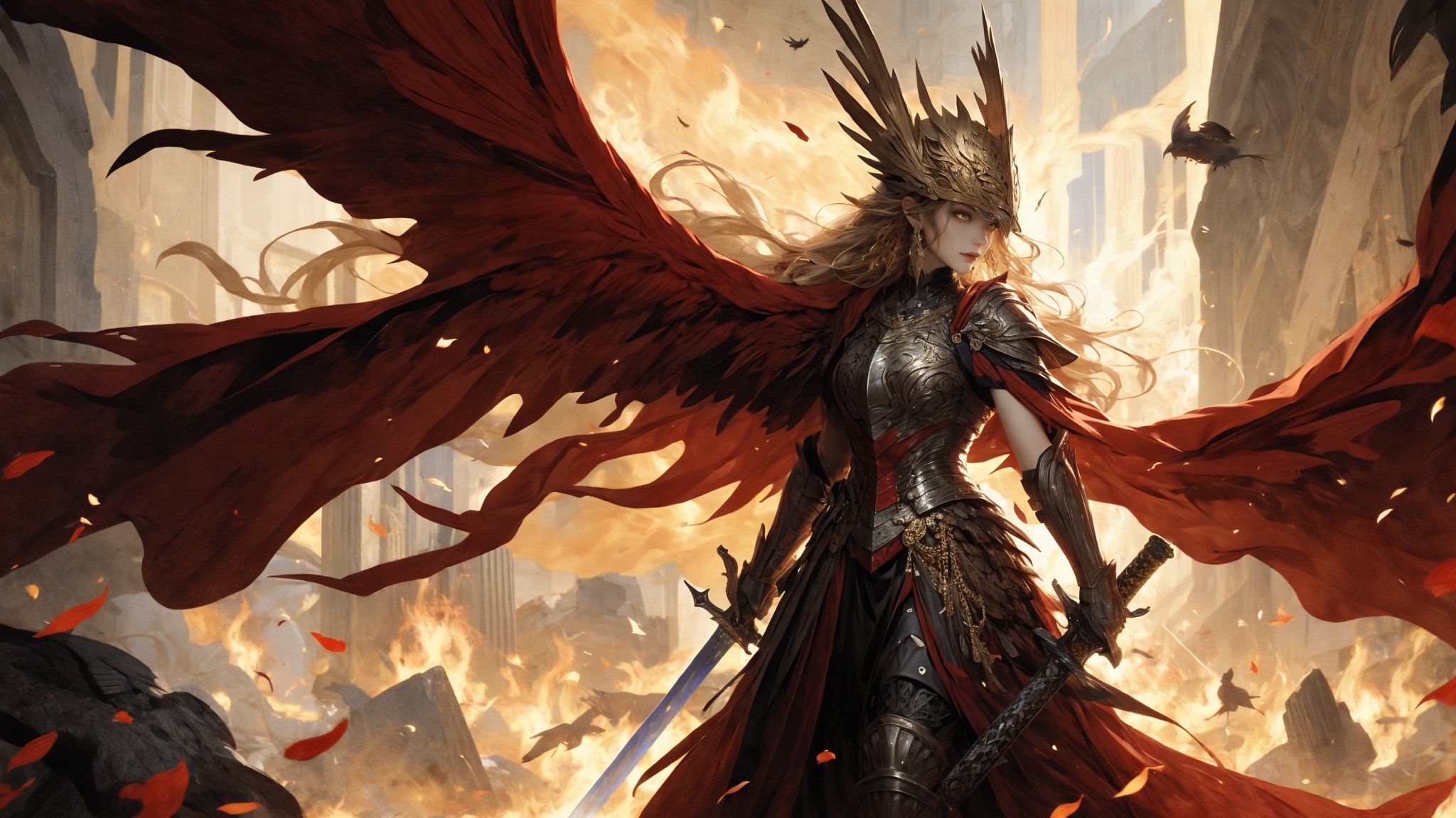 1girl，solo，jewelry，earrings，helmet，holding weapon，holding sword，Malenia in Elden Ring, dragon scale hat, in the style of epic fantasy scenes, gold and crimson,golden helmet,ritualistic masks with gold wings spread on it, mythical,Petals drift around her as her once-pristine form undergoes a graceful decay,glowing crimson eyes,in the underground cave with light shooting through the hole on the top,32k uhd,   painted by MichaelCTY(Chang Ting Yu),medieval knight armor,in the style of Dark SoulⅢ,painted by hamaya and macros,dark fantasy,majestic attire,captivating light,solarizing master,strong emotional impact,majestic figures，<lora:绪儿-女武神 winged helmet:0.8>