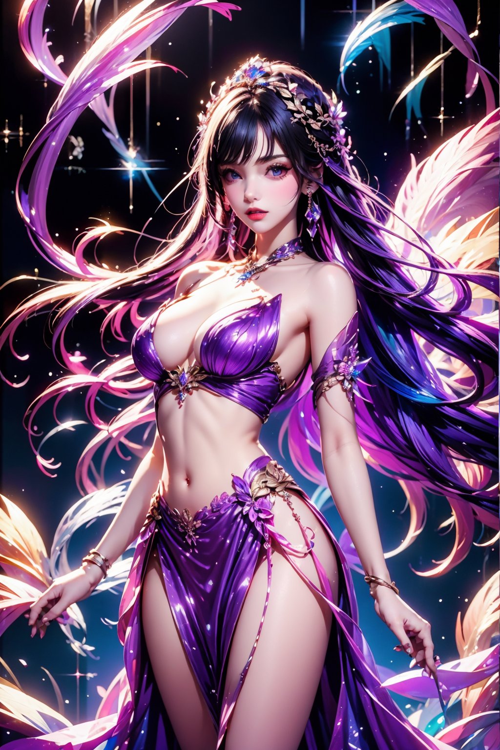 <lora:AgainRealistic_v2.0:1>,AgainRealistic_v2.0, 1girl, breasts, solo, long hair, jewelry, dress, earrings, bare shoulders, looking at viewer, parted lips, purple dress, purple eyes, detached sleeves, cleavage, braid, purple hair, large breasts, bracelet, black hair, cowboy shot, mole, lips, side slit, gem, multicolored hair, standing, hair ornament, very long hair, sparkle, see-through, red lips, pelvic curtain, floating hair, fingernails, glint, thighs, covered navel, nail polish, tiara, feathers, strapless, necklace, strapless dress, purple nails, medium breasts, makeup, glitter, eyelashes, petals, two-tone hair, colored inner hair, mole under eye, pink nails, pink gemstone