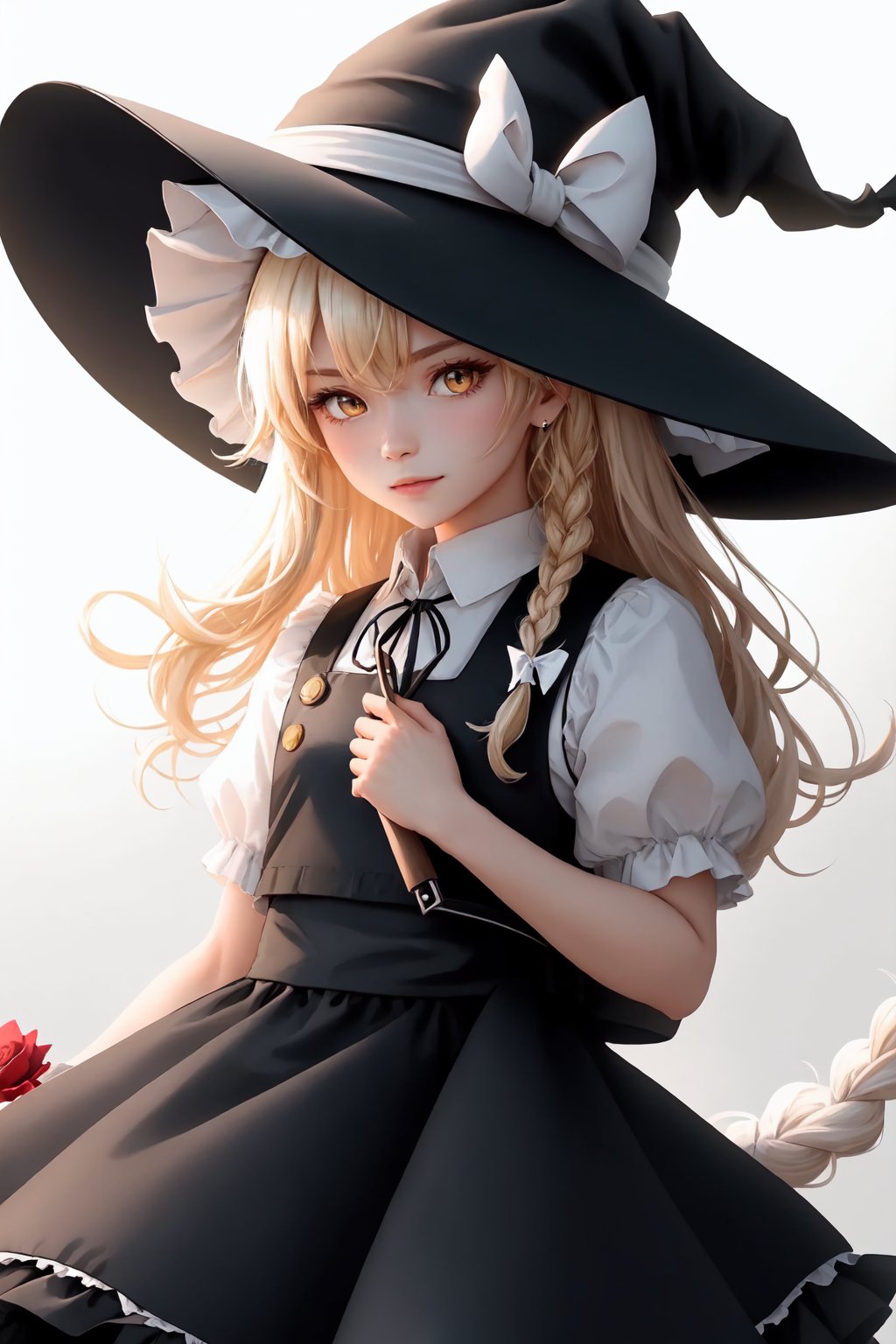 kirisame_marisa,witch_hat,waist_apron,puffy_short_sleeves,single_braid,hair_bow,black_skirt,frills,black_vest,white_shirt,black_headwear,solo,looking_at_viewer,hat_bow,blush,1girl,white_bow<lora:kirisame_marisa:1>,simple background,white backgroundmasterpiece,best quality, highly detailed, 