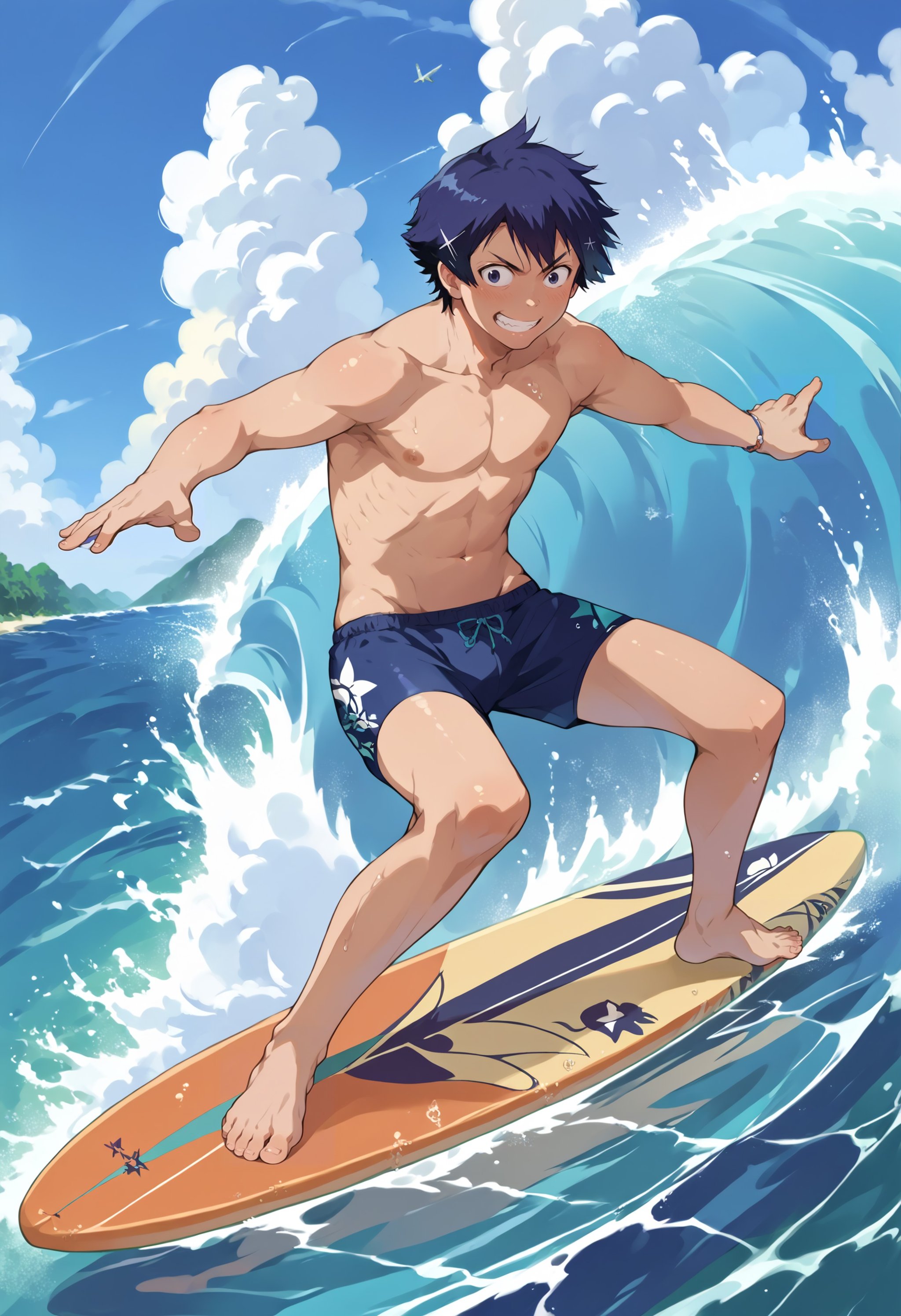 score_9, score_8_up, source_anime,  incrssurfing, surfing, surfboard, swimsuit, barefoot ichijou raku,  <lora:ichijou_raku_1-000009:.9>,  hair ornament <lora:Surfing_XLPD:1> incrssurfing, surfing, surfboard, swimsuit, barefoot, male swimwear, grin,