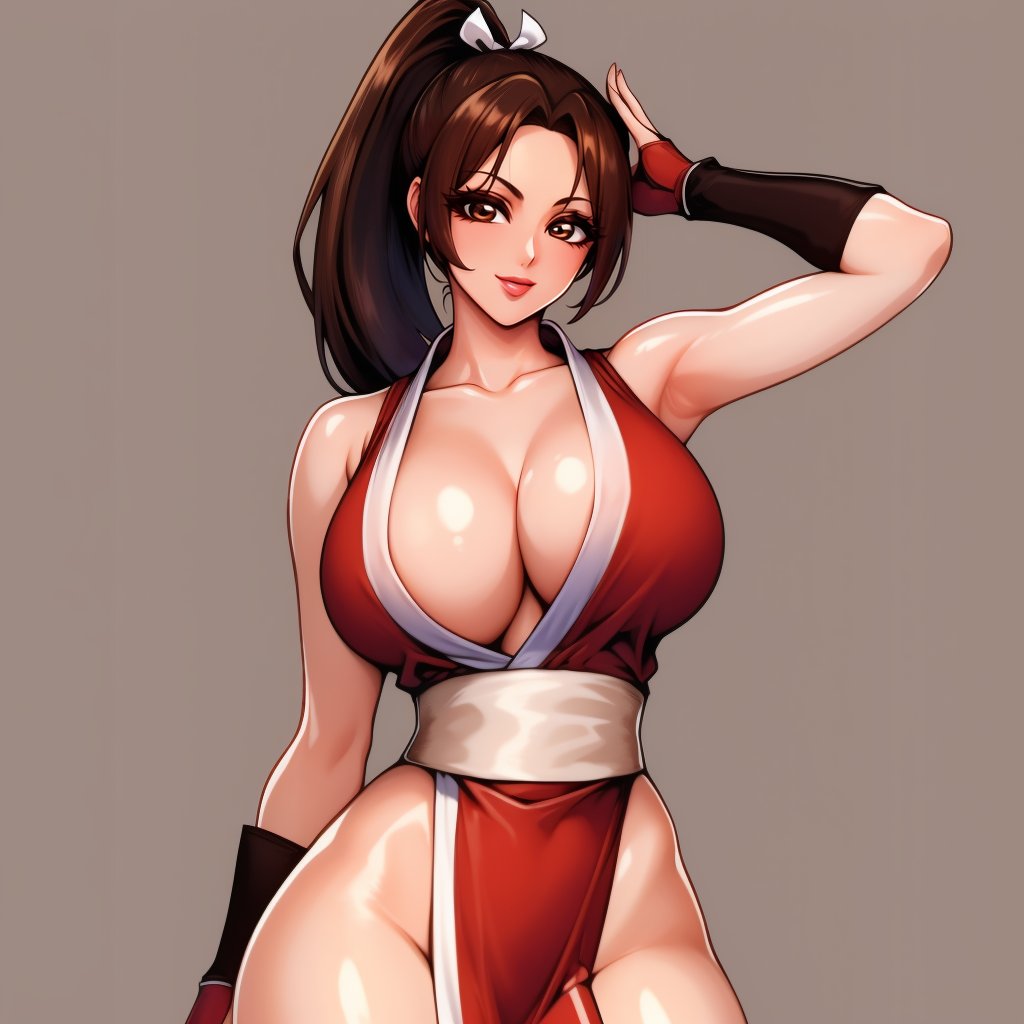 (masterpiece, best quality:1.3), JUGGERTUUL, 1girl, solo, looking at viewer, wide hips, mature female, simple background, closed mouth, seductive smile, large breasts, cowboy shot, thick thighs,  <lora:JUGGERTUUL Style Lora:1>, shiranui mai, brown eyes, long hair, brown hair, white ribbon, sleeveless, ponytail, sash, pelvic curtain, arm guards, gloves, tabi  <lora:shiranui maiV1:.7>