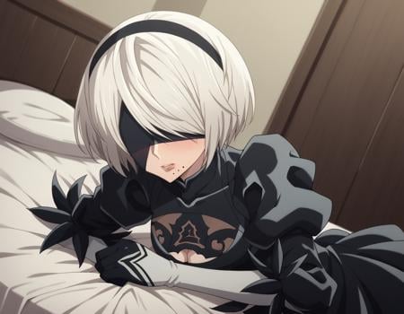 score_9, score_8_up, score_7_up, source_anime,2b, <lora:2b-s1-ponyxl-lora-nochekaiser:1>,2b, yorha no. 2 type b, short hair, white hair, hairband, mole, black hairband, mole under mouth, blindfold, covered eyes, black blindfold,gloves, long sleeves, dress, puffy sleeves, black dress, clothing cutout, cleavage cutout, juliet sleeves, feather-trimmed sleeves,indoors, bed, bed room, on side, blush, drunk,solo, dutch angle, looking at viewer, cowboy shot,