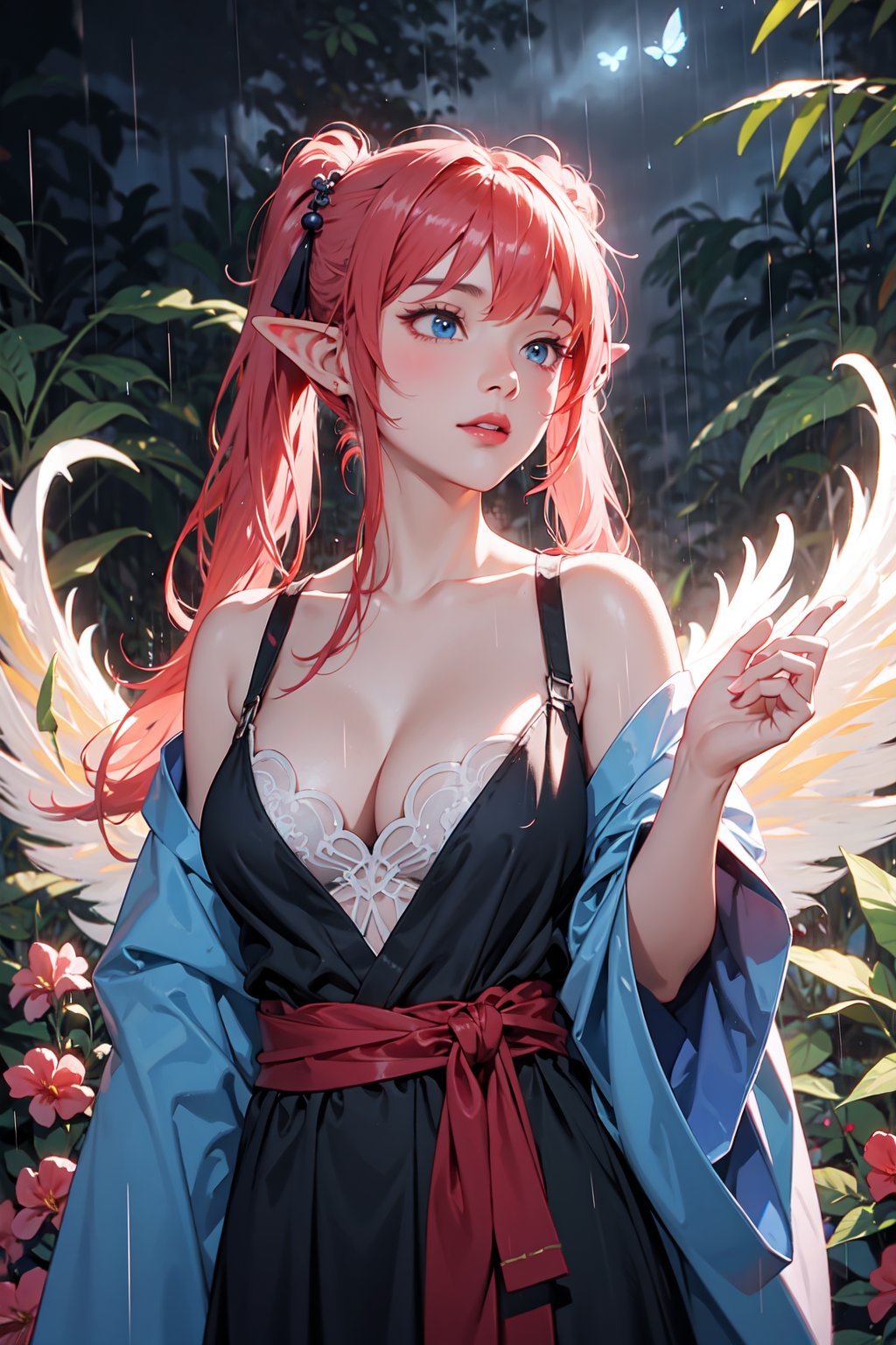 1girl,(colorful hanfu:1.2),bare_shoulders,cleavage,light_particles,Blue eyes,pink_butterfly,flowers,blue flowers,Upper body,background mysterious magic castle,((bizarre background phoenix)),skinny dress robe,twintails,bangs,sexy red nine-tailed fox female elf,tall not sagging breasts,the background is a colorful magical jungle,pantyhose,(dark rainy night magic jungle:1.3),translucent skinny wedding dress,