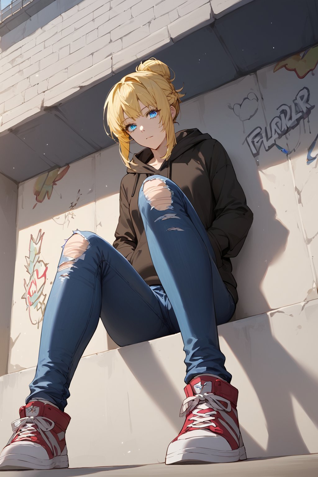 score_9, score_8_up, score_7_up, source_anime, masterpiece, high detailed,very aesthetic, ritto, 1girl, blonde hair, blue eyes, single hair bun, braid, detailed gorgeous eyes, perfect face, detailed face, street-style girl, sitting, confident pose, under bridge, graffiti art, urban setting, hoodie, ripped jeans, sneakers, vibrant colors, expressive graffiti, shadows, natural lighting, BREAK, relaxed expression, hands in pockets, cool demeanor, wind-blown hair, cinematic, dusk, from_below<lora:ritto auti 901 1:0.4> <lora:Sagawa:0.6>