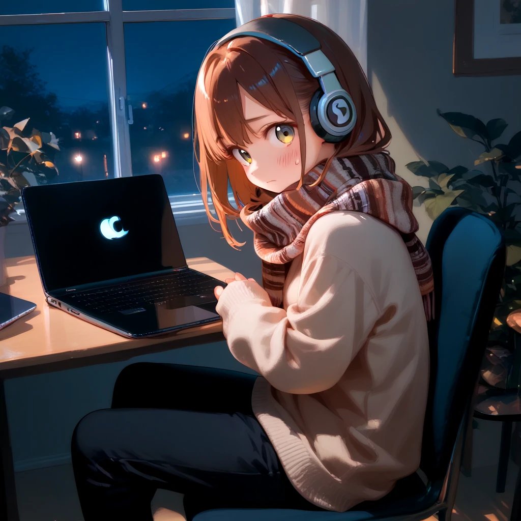 score_9, score_8_up, score_7_up, source_anime, 1girl, lfg, sweater, scarf, pants, headphones, chair, sitting, caught, embarrassed, laptop, desk, from side, looking at viewer, night, detailed keyboad