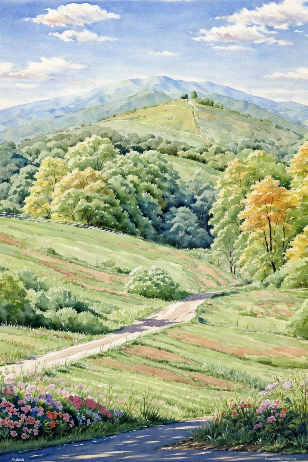 hill,outdoors, painting, day, watercolor,sunny day, road, white clouds, distant view,<lora:mmk_watercolor:1>