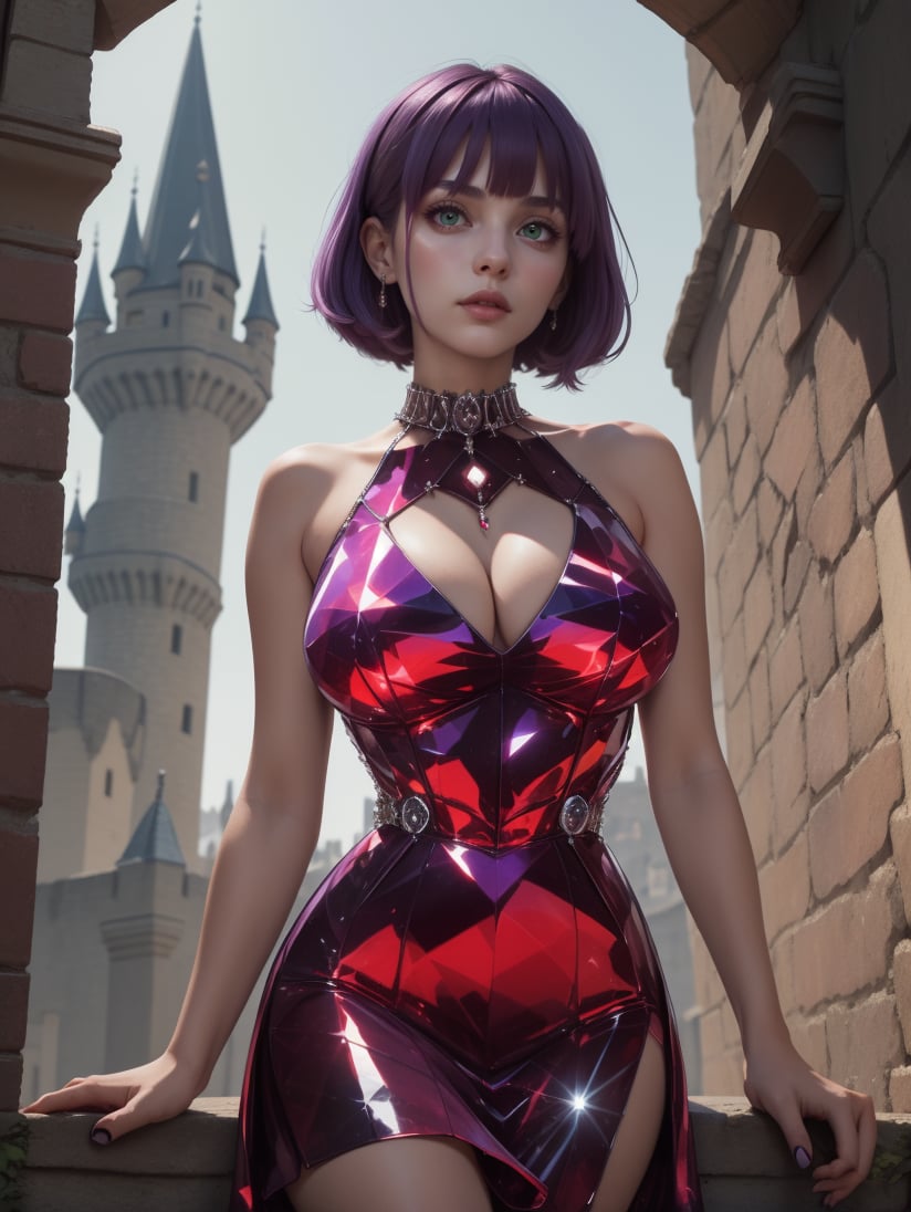 8k, masterpiece, highly detailed, high quality,1girl wearing a red (crystalline dress), <lora:crystalline_dress-SD-2.0:0.8>purple hair Wispy Bangs,green eyes,large breasts,medieval castle,eye level,