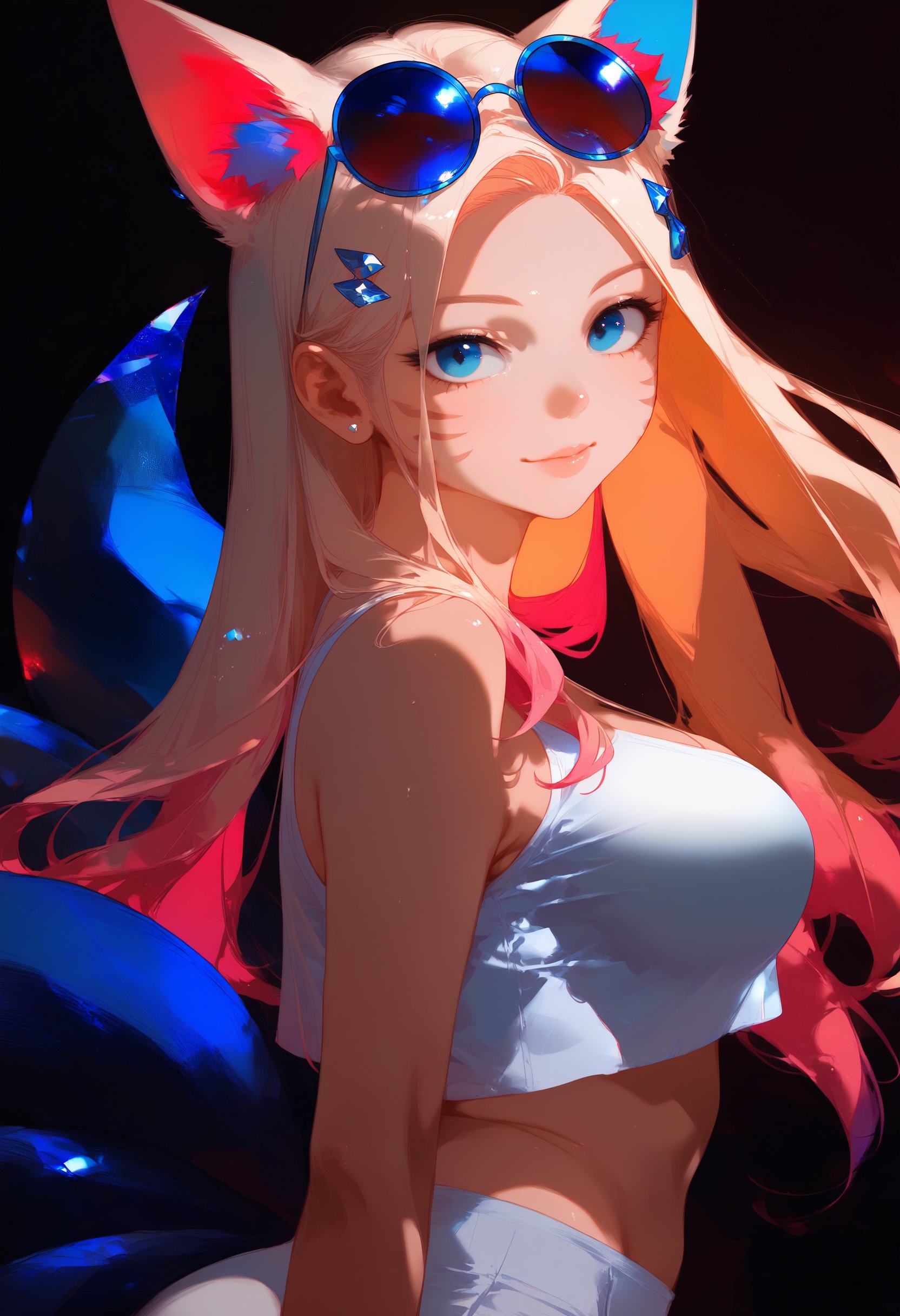 score_9, score_8_up, score_7_up, source_anime, <lora:Ahri_KDAAllOut_pdxl_Incrs_v1:0.8>, ahrikdaallout, animal ears, facial mark, blue eyes, breasts, multiple tails, blue tail, multicolored hair, long hair, blonde hair, pink hair, hair ornament, makeup, big breasts, white shorts, white crop top, midriff, light smile, looking at viewer, head tilt, tinted glasses, round glasses, glasses on head, (loose crop top:1.2), side view, 