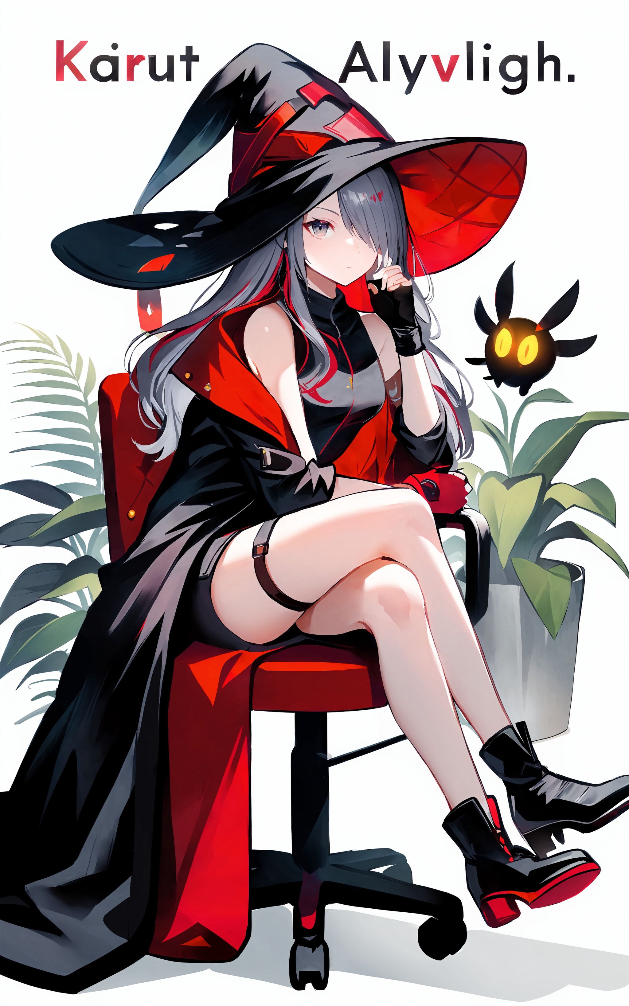 1girl, hat, hair over one eye, sitting, gloves, multicolored hair, virtual youtuber, witch hat, long hair, fingerless gloves, creature, chair, red hair, grey hair, asymmetrical sleeves, looking at viewer, crossed legs, coat, black coat, solo, black gloves, grey eyes, two-tone hair, plant, english text, feet out of frame, single glove <lora:XLTEST 06:0.75>