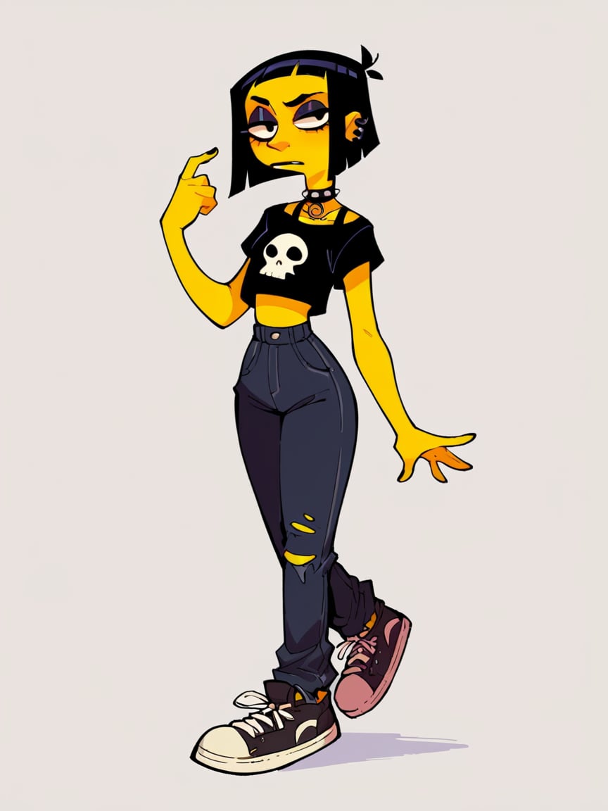 score_9, score_8_up, score_7_up, score_6_up, source_cartoon, cel shading, <lora:s1mps0nsXLP:0.7> s1mps0ns, yellow skin, full body, solo, black hair, 1girl, goth