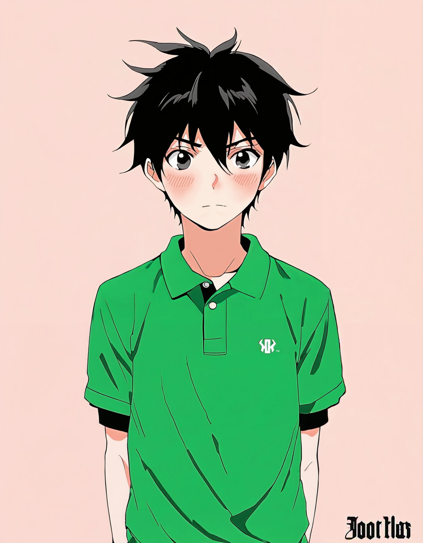 anime style, an anime boy with black hair and a green polo shirt