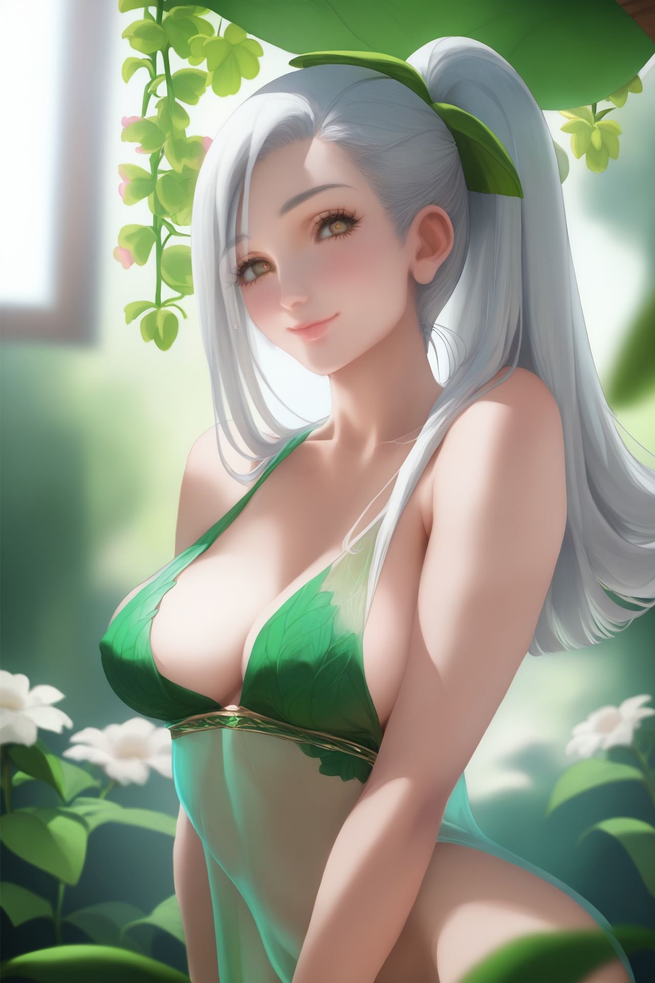 score_9, score_8_up, score_7_up, 1girl, solo, squinting eyes smile, blush, looking at viewer, silver hair, hair_intakes, ponytail, breasts, covered nipples, light_green silk, sheer, jewelry, window, Tree_Fern \(flower\), blooming flowers, plants, trees, blurry foreground, soft lighting, bloom effect, erotic, handsome, best quality, high quality, highres <lora:Sakimichan_PonyXL_style_v01.10.02.05:1>