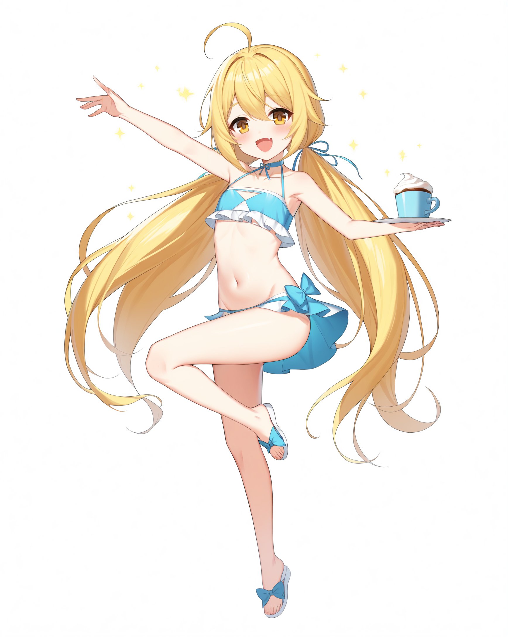 (masterpiece),(bestquality),<lora:closers-000002:1>,closers,((lucy_\(closers\))),1girl,swimsuit,blonde hair,bikini,long hair,twintails,solo,ahoge,open mouth,low twintails,smile,navel,yellow eyes,flat chest,looking at viewer,food,very long hair,choker,cup,:d,eyebrows visible through hair,sandals,thigh strap,barefoot,full body,bangs,frills,armpits,blush,bare shoulders,bare arms,knee up,outstretched arms,hair between eyes,collarbone,brown eyes,bare legs,halterneck,blue footwear,stomach,legs,breasts,shoes,ribbon,toes,leg up,thighs,small breasts,feet,sidelocks,arms up,outstretched arm,arm up,halter top,sparkle,white footwear,virtual youtuber,white background,spread arms,fang,groin,upper teeth,alternate costume,