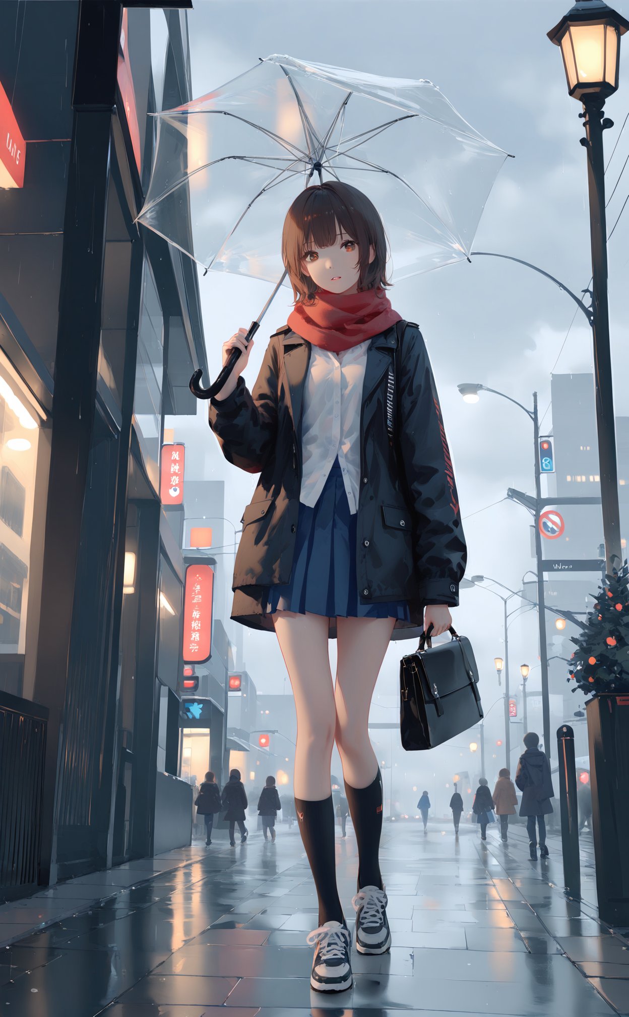 (masterpiece),(best quality),illustration,ultra detailed,hdr,Depth of field,(colorful),loli,[Artist:wlop],Artist:hiten_(hitenkei),[[Artist:sheya]],umbrella,scarf,holding umbrella,rain,skirt,outdoors,holding,1girl,red scarf,brown hair,bag,sky,blue skirt,night,pleated skirt,shoes,socks,coat,sneakers,looking at viewer,short hair,shirt,brown eyes,1boy,transparent,transparent umbrella,city,building,open clothes,standing,cloud,walking,long sleeves,white shirt,cloudy sky,jacket,parted lips,sign,miniskirt,shoulder bag,lamppost,open coat,solo focus,full body,road sign,