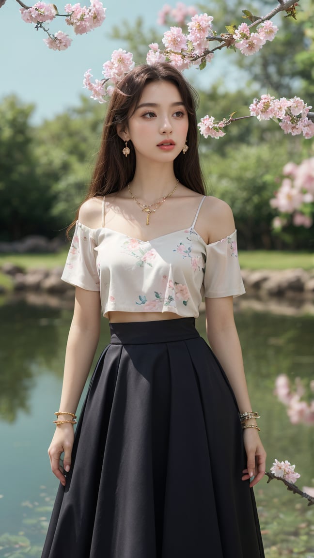 masterpiece,best quality,absurdres,1girl,beautiful detailed girl,fine and beautiful detailed skin,disheveled hair,long hair,high-waist_skirt,midriff,earrings,flower_bracelet,butterfly_hair_ornament,necklace,extremely detailed beautiful background,CG,8K wallpaper,flower,flower_bloom,plum_blossom,branch,cirrocumulus_stratiformis,fantasy,floral_background,foral_background,ray tracing,reflection light,