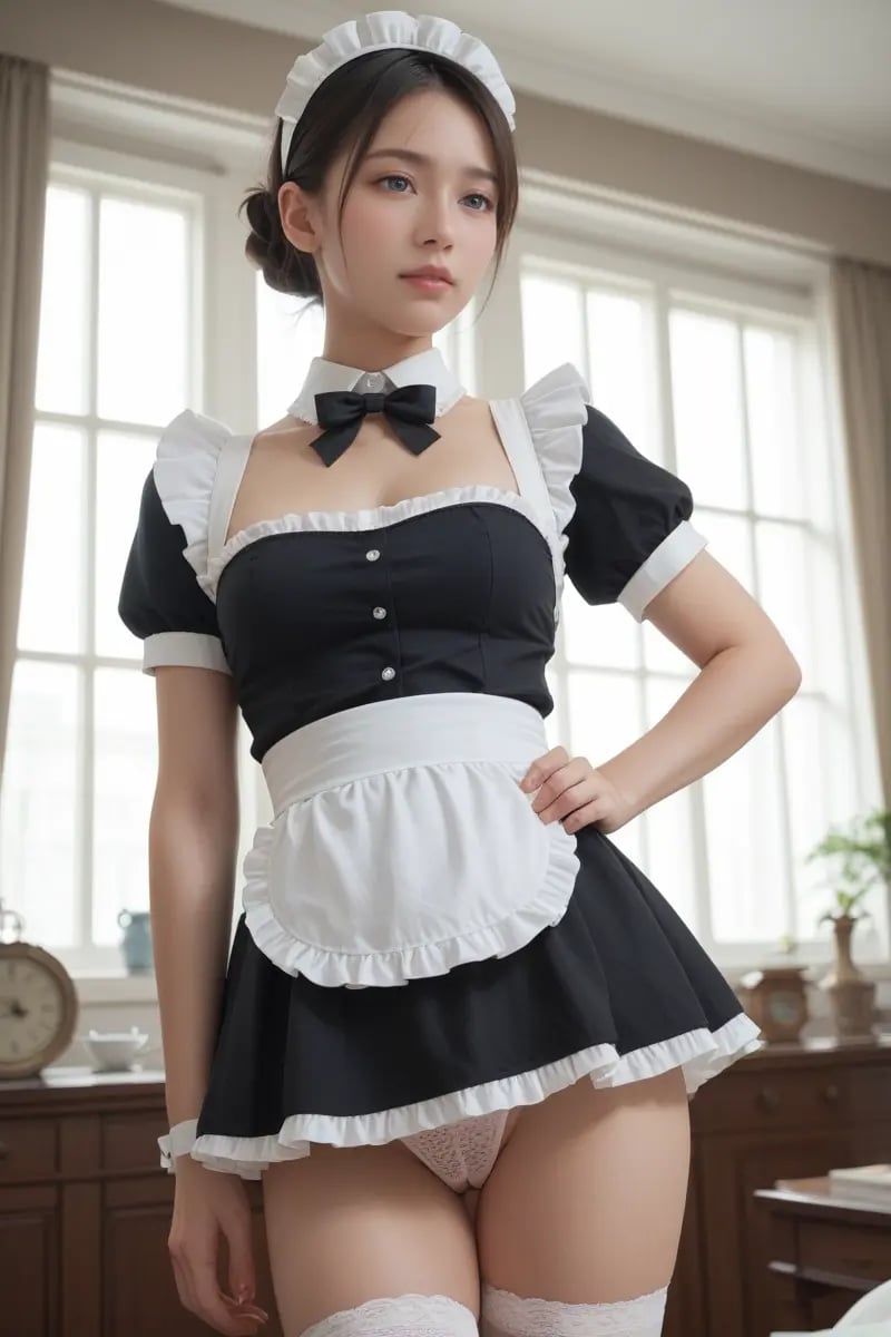 score_9, score_8_up, score_7_up,indoors, 18 years old,1girl,maid, very short skirt, visible panties, pubic hairs,