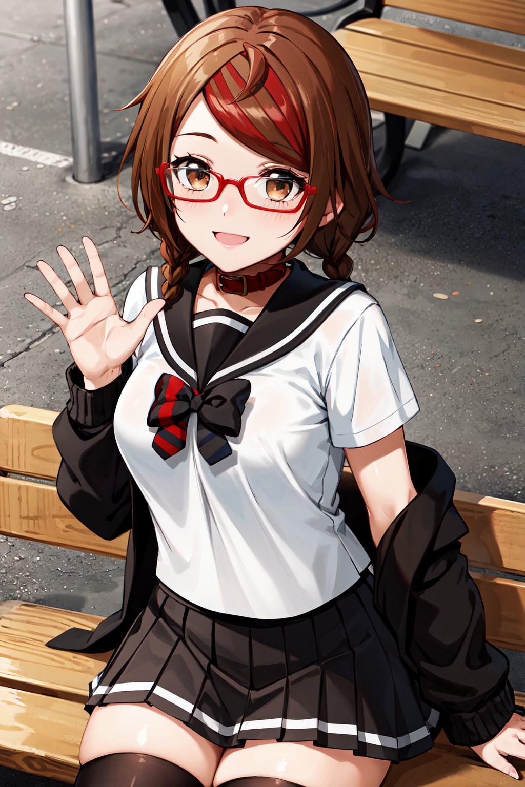 masterpiece, best quality, highres, aamisaki, twin braids, multicolored hair, brown eyes, red-framed eyewear, red collar, serafuku, sailor collar, multicolored bow, sailor shirt, white shirt, (off shoulder:1.2), black jacket, pleated skirt, black skirt, black thighhighs, <lora:sakimiya_misaki_v1:0.7>, sitting, waving, smile, bench