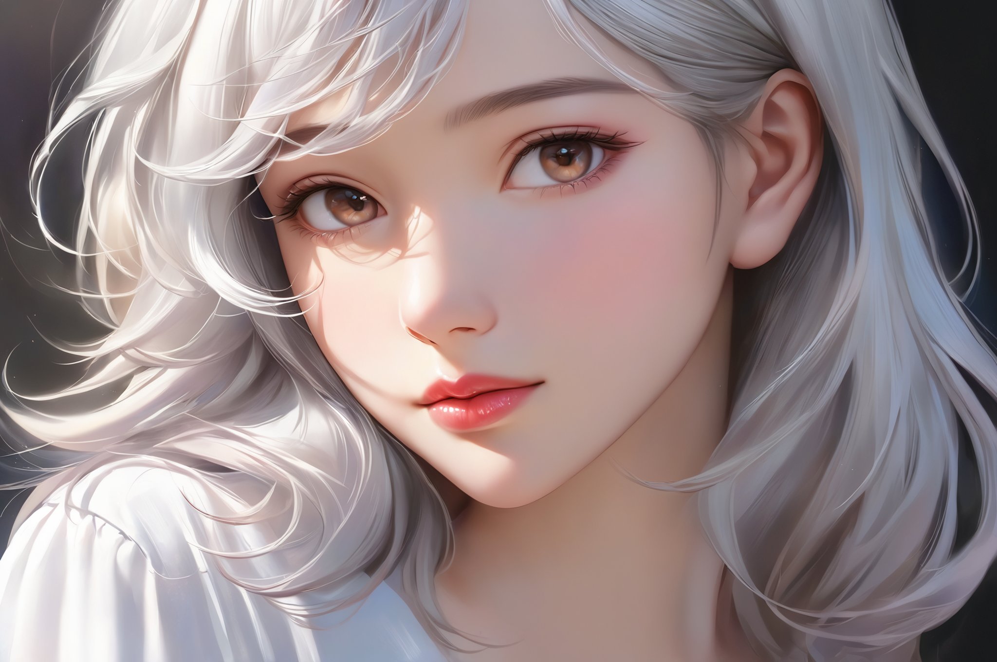 1girl, lips, realistic, solo,Silver white hair, white shirt, slightly rosy face