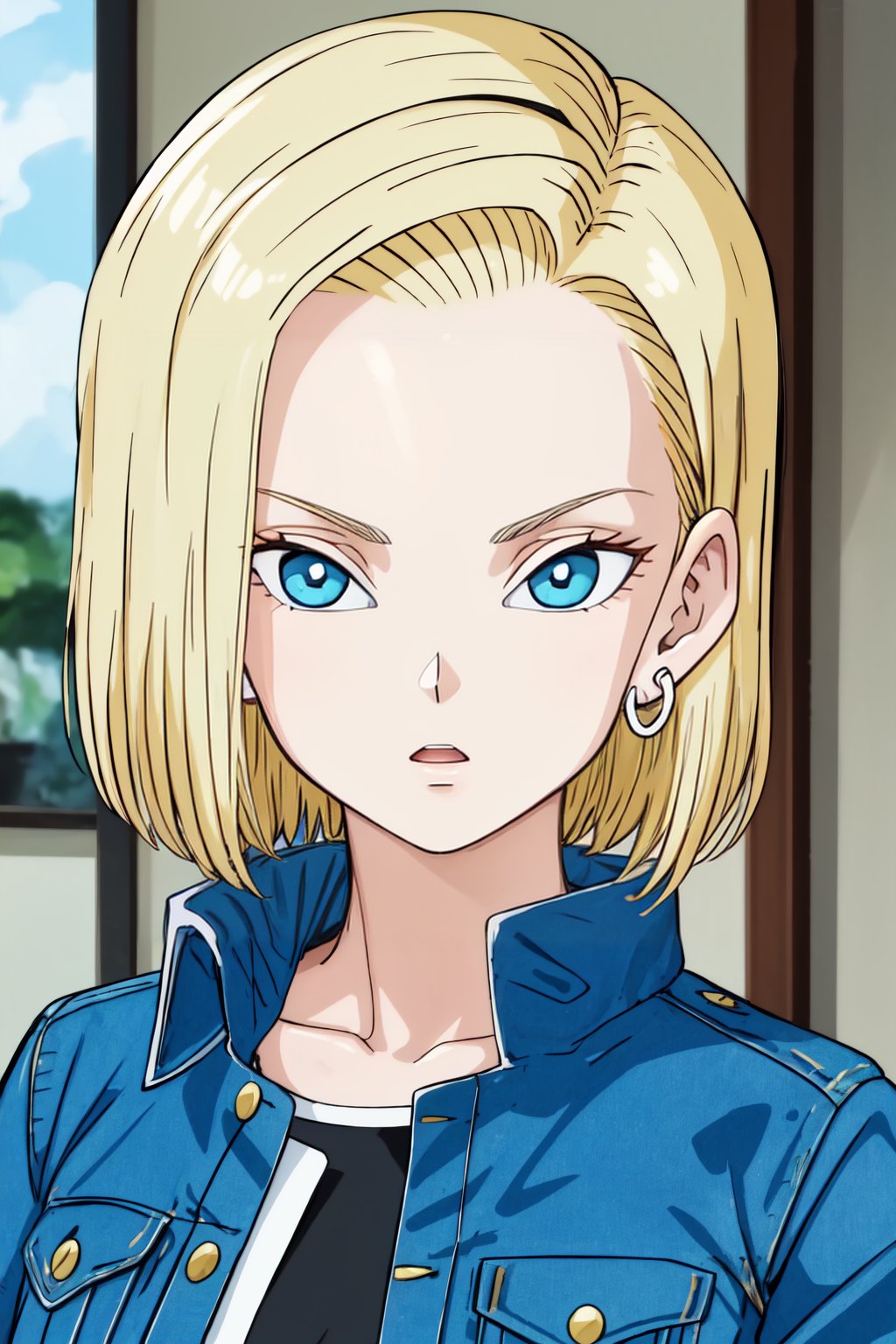 masterpiece, detailed face, android 18,1girl, solo\nlooking at viewer, short hair, blue eyes, blonde hair, indoors, shirt, jewelry, closed mouth, collarbone, jacket, upper body, earrings, black shirt, denim, blue jacket, portrait, striped sleeves, white sleeves, denim jacket <lora:4ndro1d_18-000008:0.8>