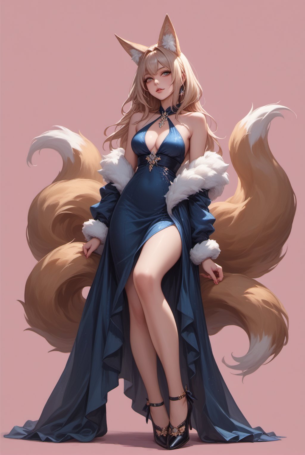 score_9,score_8_up,score_7_up,solo,Fox ears,fox tail,Halterneck blue dress,high heels,Fur trim,<lora:future-0619-Fox girl:0.9>,pink background,