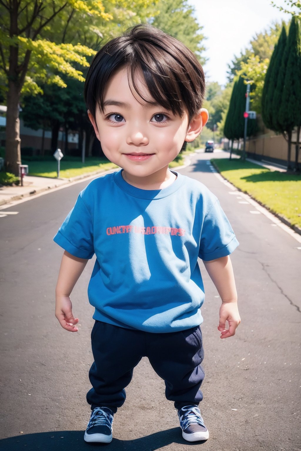 1boy, male focus, chibi, realistic, looking at viewer, outdoors, short sleeve sweatshirt pants, road, standing, tree, shoes, full body, solo focus, short hair, day, photorealistic, street,