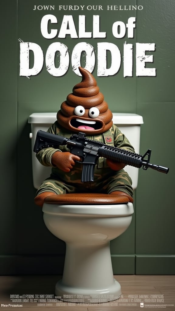 Movie title "CALL OF DOODIE" Call Of Duty style font.Theme: a photo of a poo climbing out of a toilet holding a machine gun wearing camo army clothes.Poster includes the title and movie credits and information.