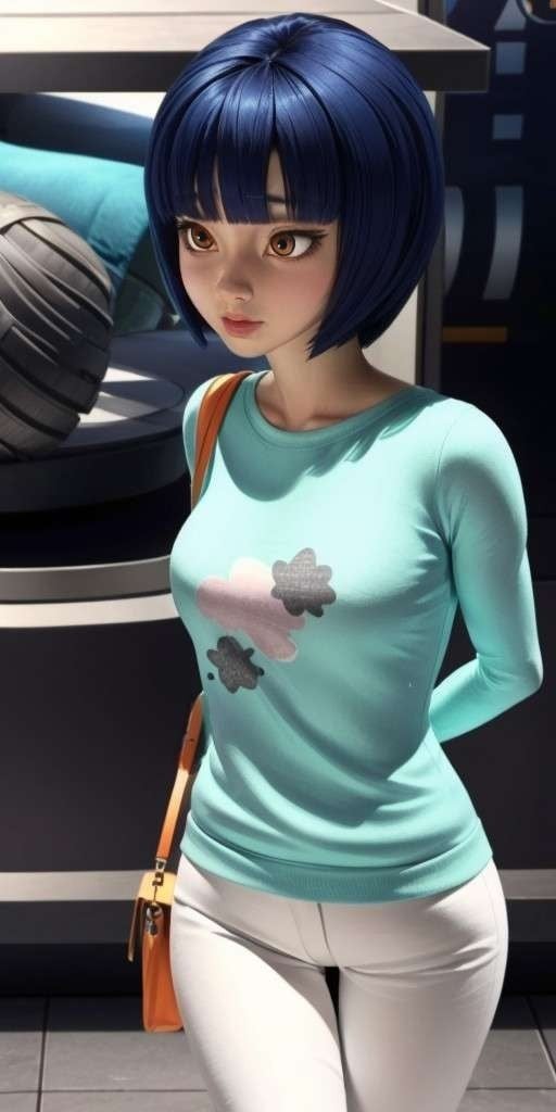 Hyperrealistic, photorealistic, super detailed, white trousers, turquoise sweater, very detailed perfect face, almond-shaped dark tangelo eyes, chin-length black hair with dark blue reflections in a face-framing bob with straight cut bangs slightly divided into three sections and upturned, body like in real life, pale light grayish scarlet lipstick, large pores, fair-skinned, slender, beautiful arms, ((very little very flat breasts)), ((skinny beautiful thighs)), unreal engine, octane render, droped shadow, bokeh, cinematic lighting, <lora:add_detail:0.5>, <lora:Volumetric_lighting:0.6>, Mireille Caquet, <lora:423ad9e0-7720-452a-b69e-37921d3b2d58:0.7>