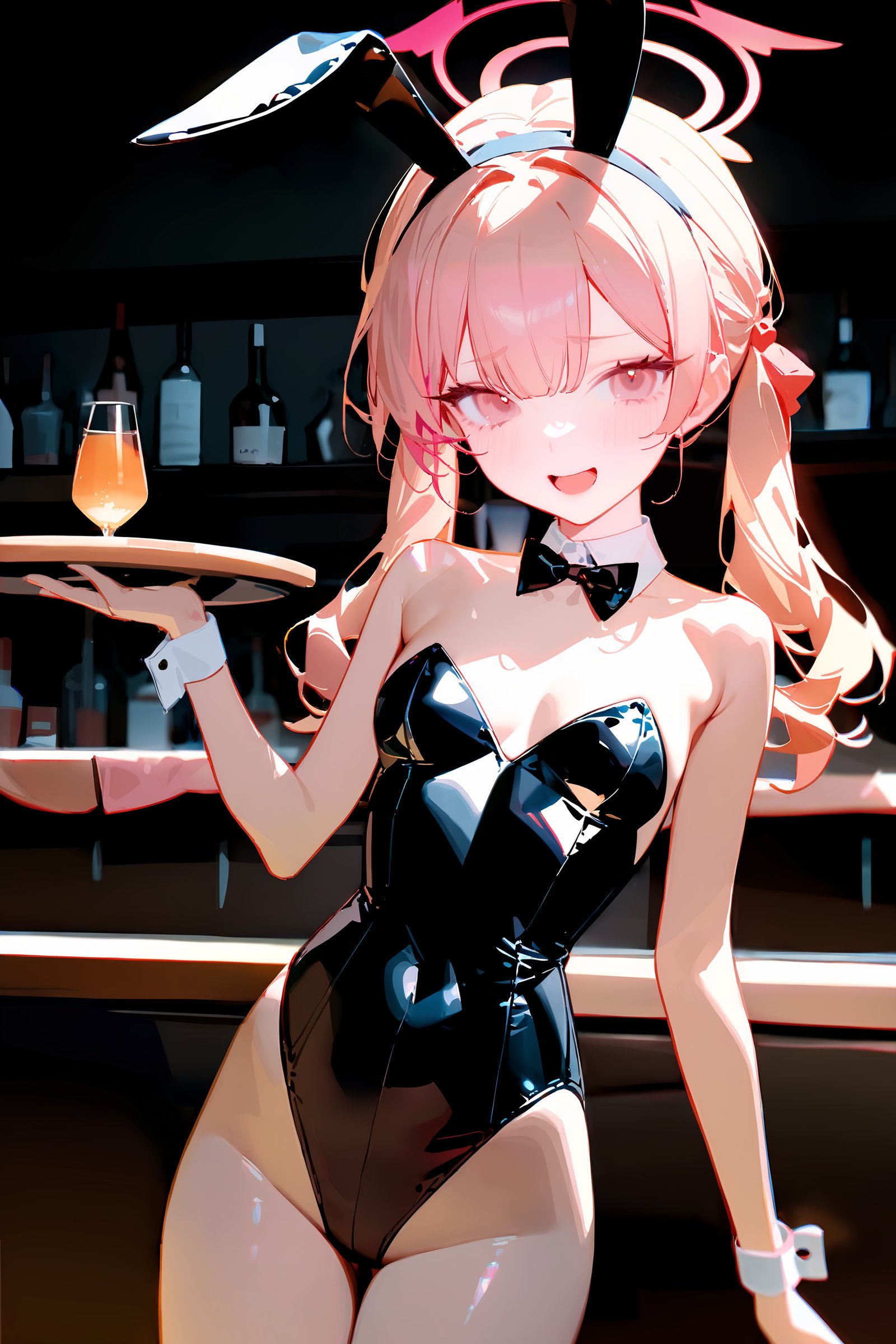 masterpiece, best quality, perfect features, intricate details, ray tracing, newest,(hitenkei, askzy:0.4), 1girl, koharu \(blue archive\), twintails, halo, solo, playboy bunny, fishnets, fake animal ears, rabbit ears, bar \(place\), indoors, depth of field, cowboy shot, smug, open mouth, looking at viewer  <lora:Char-BlueArchive-Koharu-V1-XL:0.9> 