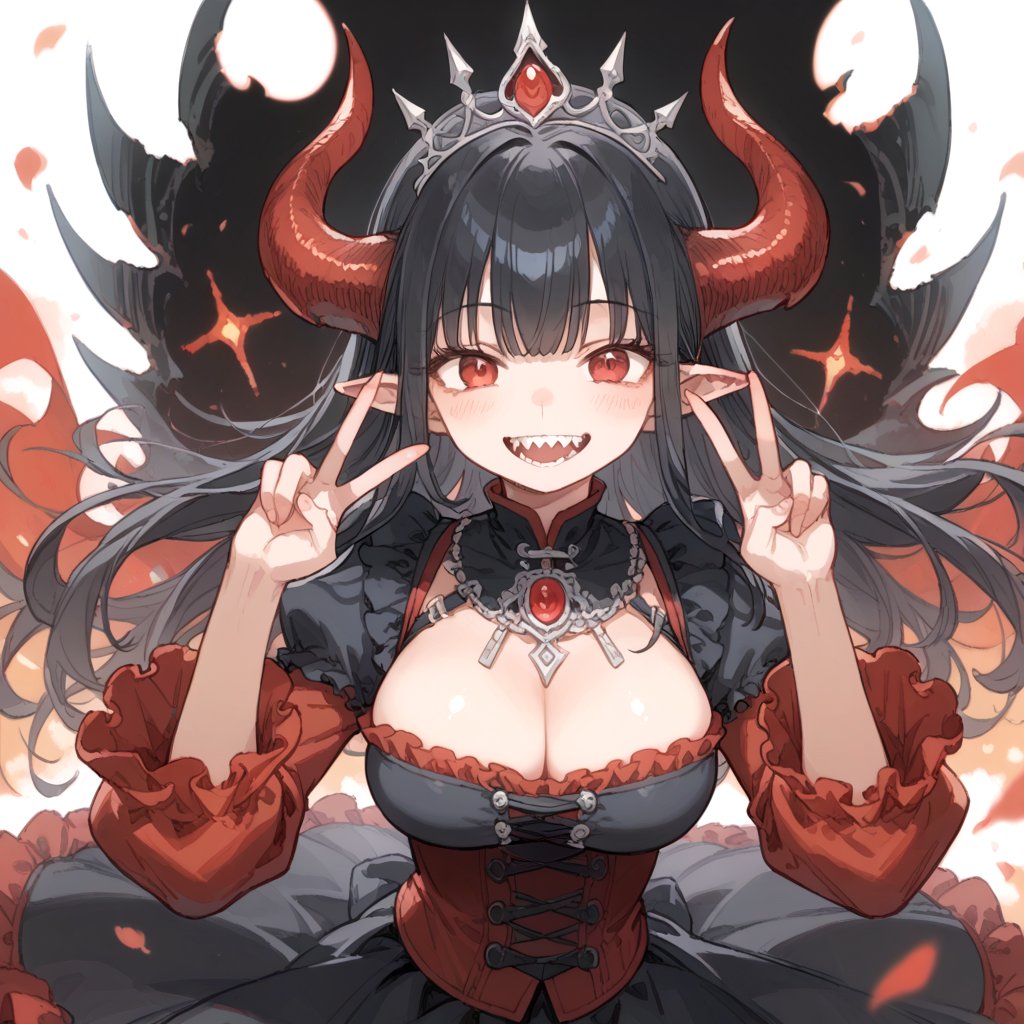 score_9, score_8_up, score_7_up , source_anime,1girl,large breasts,fantasy devil king black tiara black and red long layered frilled dress long sleeves dark magic smile,double peace,jagged teeth,black hair,pointy ears, 