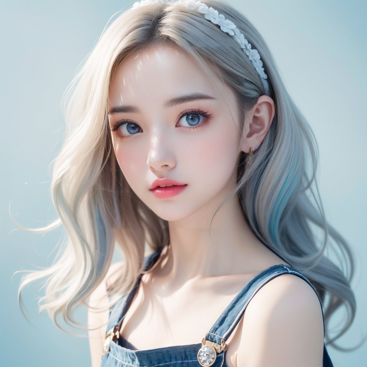 (fashion photography:1.3),(sweet:1.2),This is an image of a person with a very stylized and artistic appearance. The individual has long,(wavy hair with a mix of Bluish and white colors:1.1),which gives off a soft and whimsical vibe. They are wearing what appears to be a light-colored,possibly Bluish,top with a ruffled neckline. The overall aesthetic is very cute and playful,with a focus on pastel colors,quality. The background is simple and does not distract from the subject,which is the person's face and upper body,Short hair,masterworks,highest picture quality,