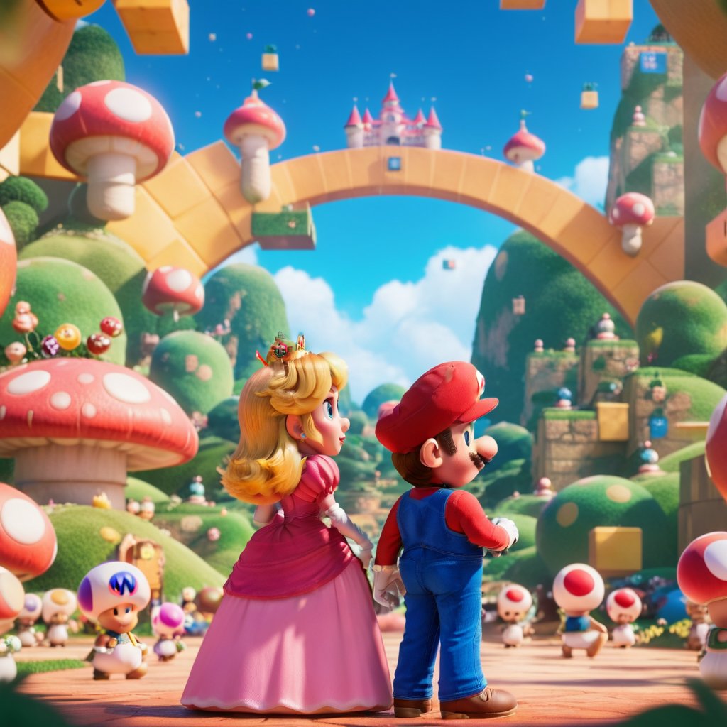 cinematic photo  mario and princess peach, cute fantaisy world <lora:Mario1024-000200:0.8> . 35mm photograph, film, bokeh, professional, 4k, highly detailed