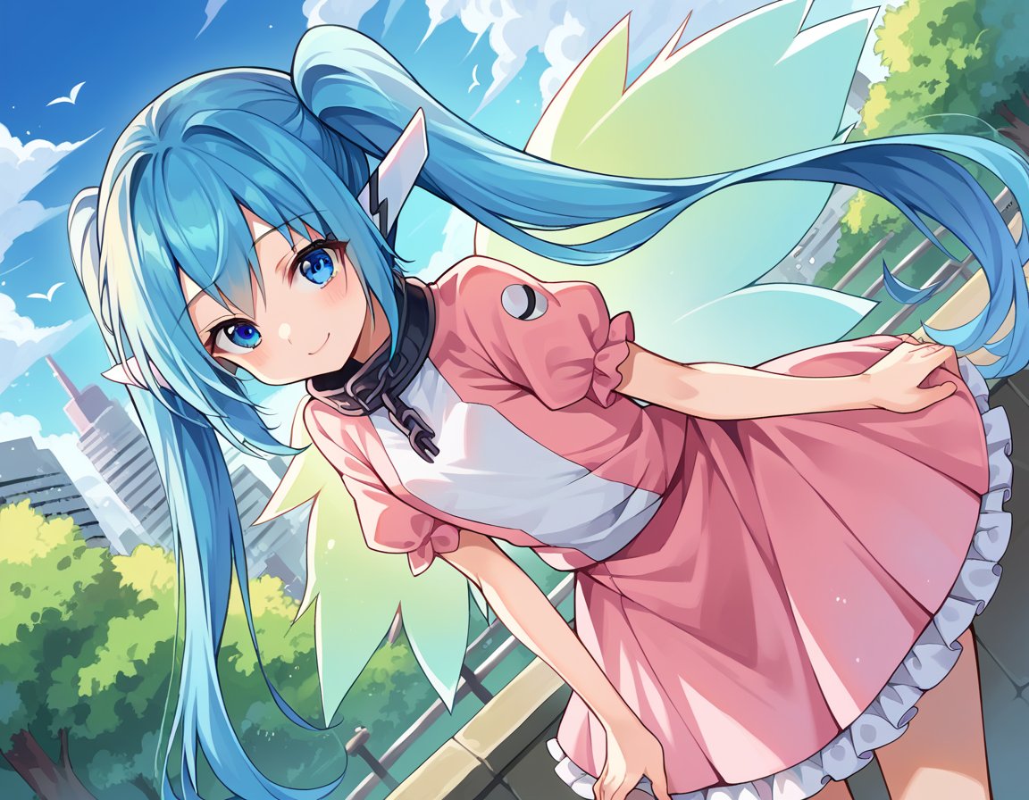 score_9, score_8_up, score_7_up, source_anime,otoshimononymph, <lora:otoshimono-nymph-ponyxl-lora-nochekaiser:1>,nymph, blue eyes, blue hair, long hair, long twintails, robot ears, twintails, two side up, wings,dress, pink dress, frilled dress, short sleeves,outdoors, cityscape, smile, bent over,looking at viewer, cowboy shot, dutch angle, solo,