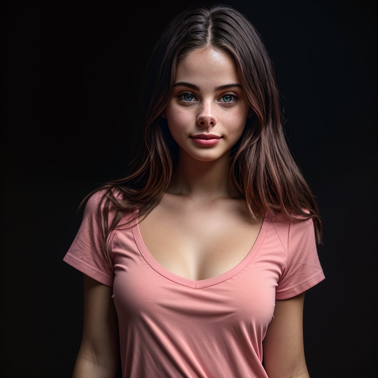 wallpaper view from above, full body portrait of smiling (AIDA_LoRA_MeW2023:1.08) <lora:AIDA_LoRA_MeW2023:0.87> in (simple pink t-shirt:1.1), [stunning woman], pretty face, naughty, funny, happy, playful, intimate, flirting with camera, cinematic, insane level of details, intricate pattern, kkw-ph1, (colorful:1.1), (studio photo:1.1), (simple black background:1.1)
