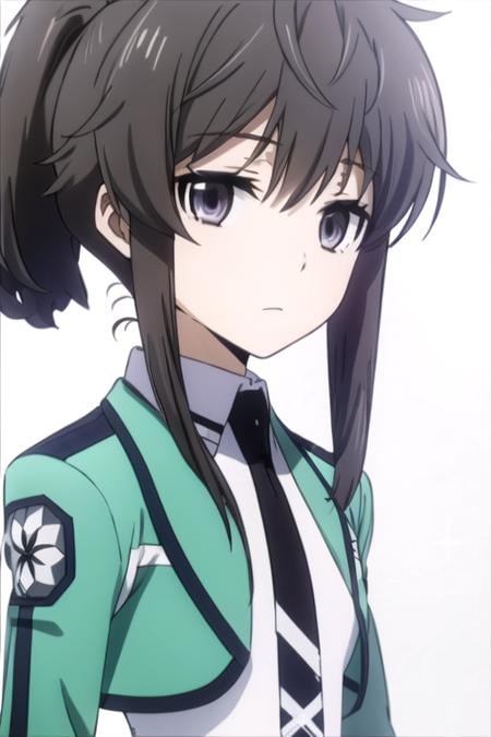 solo, 1girl, looking at viewer, 2D, anime, anime coloring, upper body, (solid white background:1.3), <lora:shizuku-mahouka:0.8>, shizuku kiyayama, school uniform, jacket, necktie, looking at viewer, closed mouth