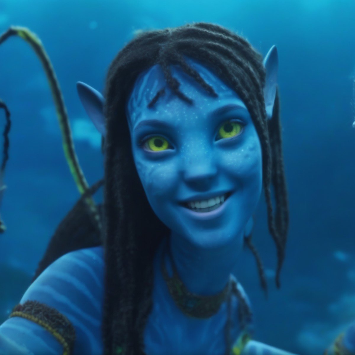 Na?vi girl, 1girl, alien, smiling, lots of details, blue skin, swimming, underwater, 4k, 8k, movie still, freckles