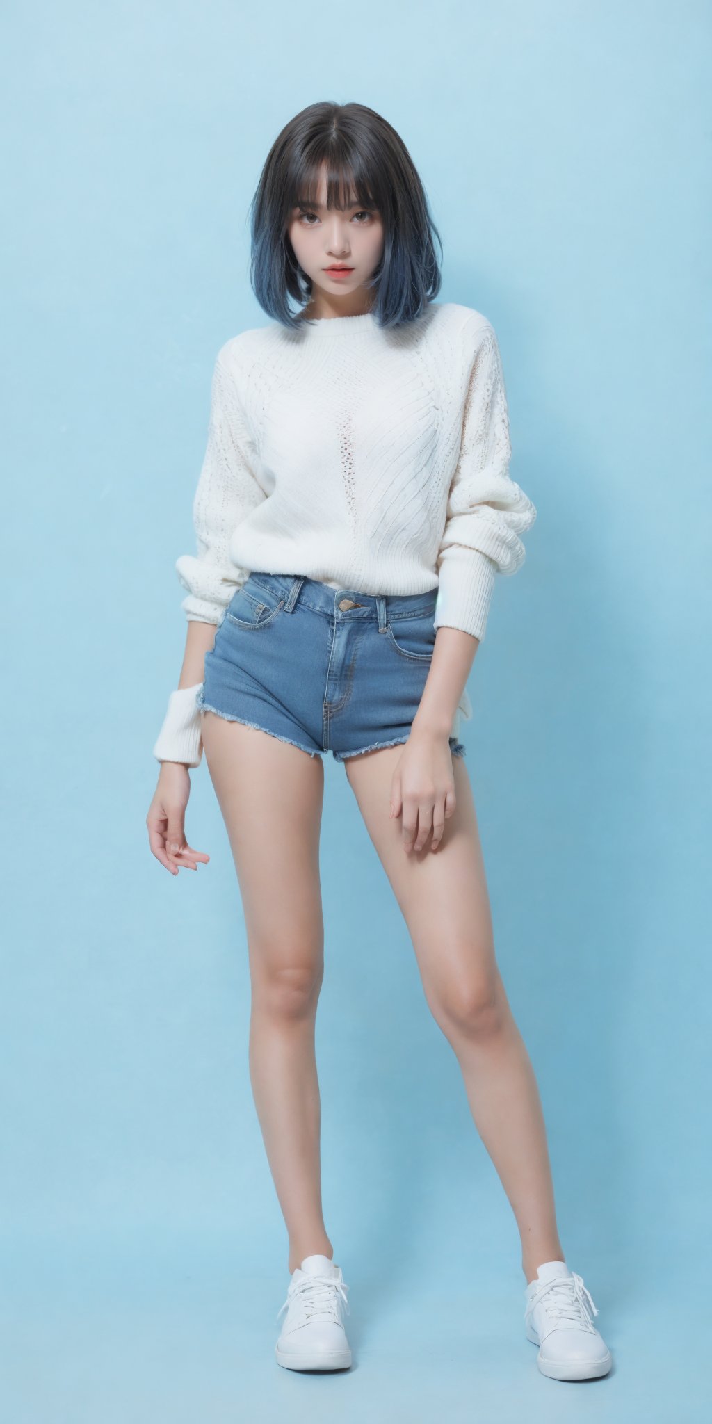 1girl,(standing:1.3),(denim_shorts:1.2),(blue background:1.3),(white sweater:1.2),white sneaker,