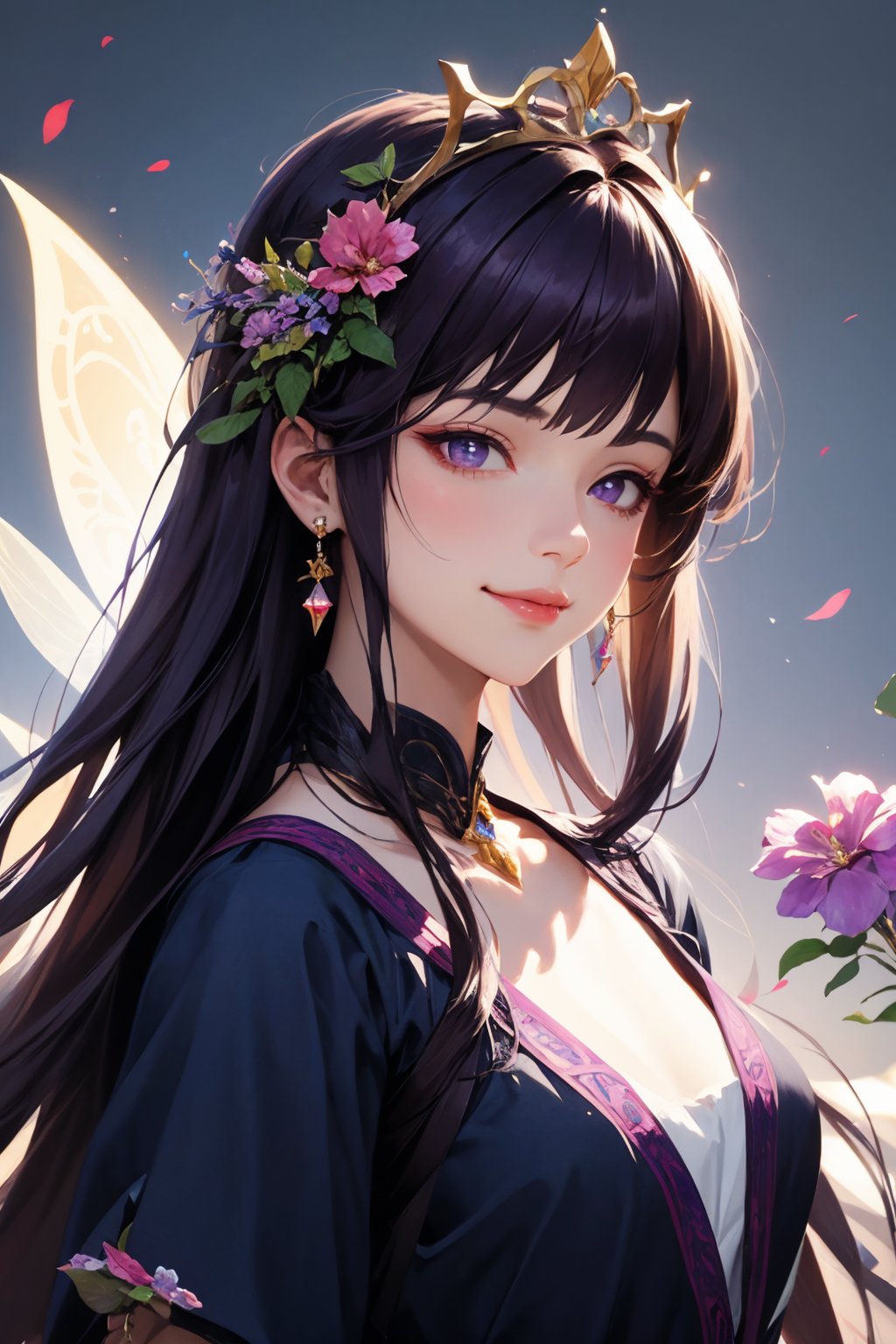 (masterpiece, best quality), intricate details, beautiful girl, purple hair, blunt bangs, light purple eyes, sharp jawline, Fairy queen crowns with cascading flowers, long hair, lips, upper body, smirk