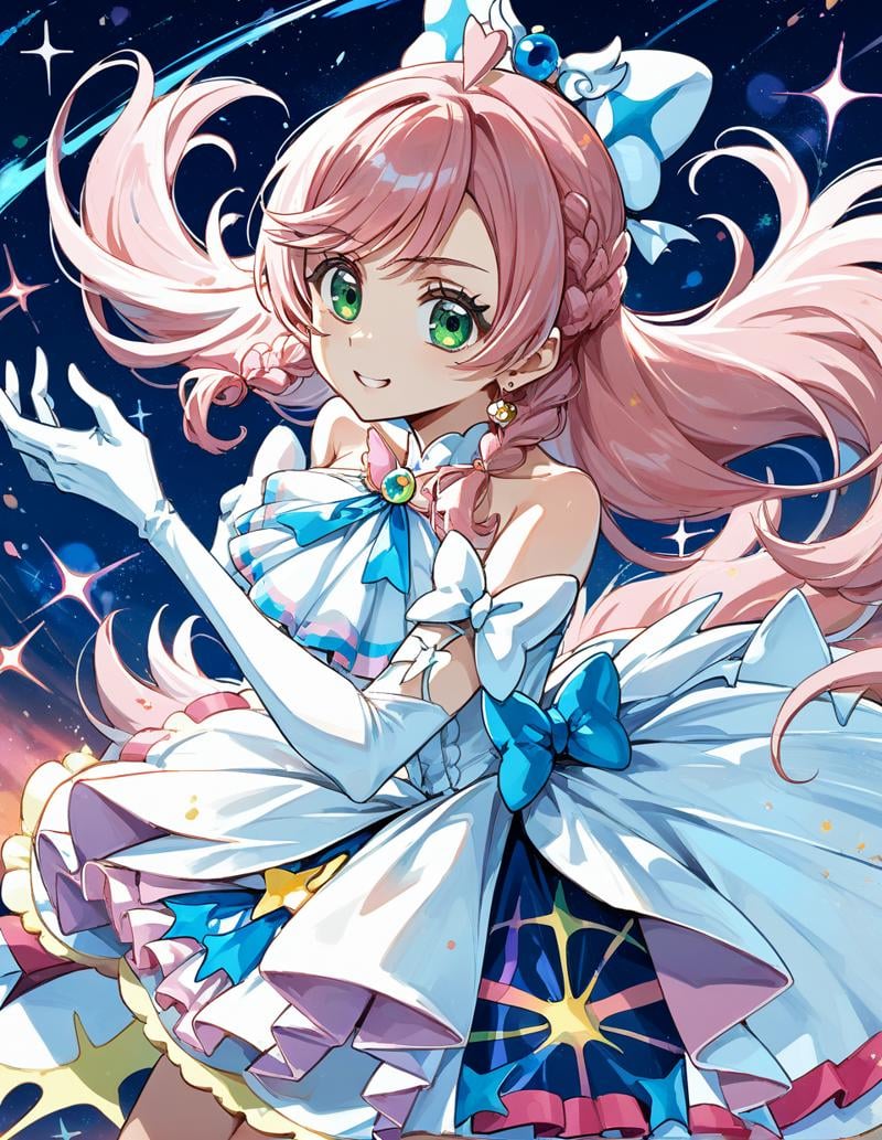 score_9,score_8_up,score_7_up,score_6_up,score_5_up,score_4_up,1girl,<lora:cureprism_pony:1>,cureprism,soaring sky! pretty cure,pink hair,green eyes,gloves,white gloves,magical girl,jewelry,hair ornament,earrings,dress,bare shoulders,blush,looking at viewer,fighting stance,