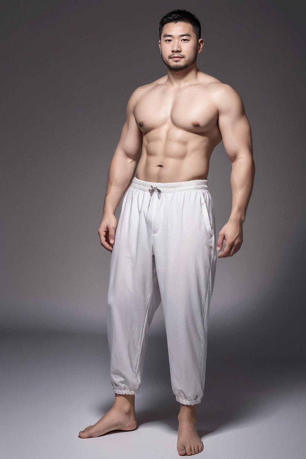 zhuangxiong,a 30 years old man,bara,solo,asian,full body,gray gradient background,beach pants,<lora:bara_male_v2.0:0.8>,, masterpiece,best quality,