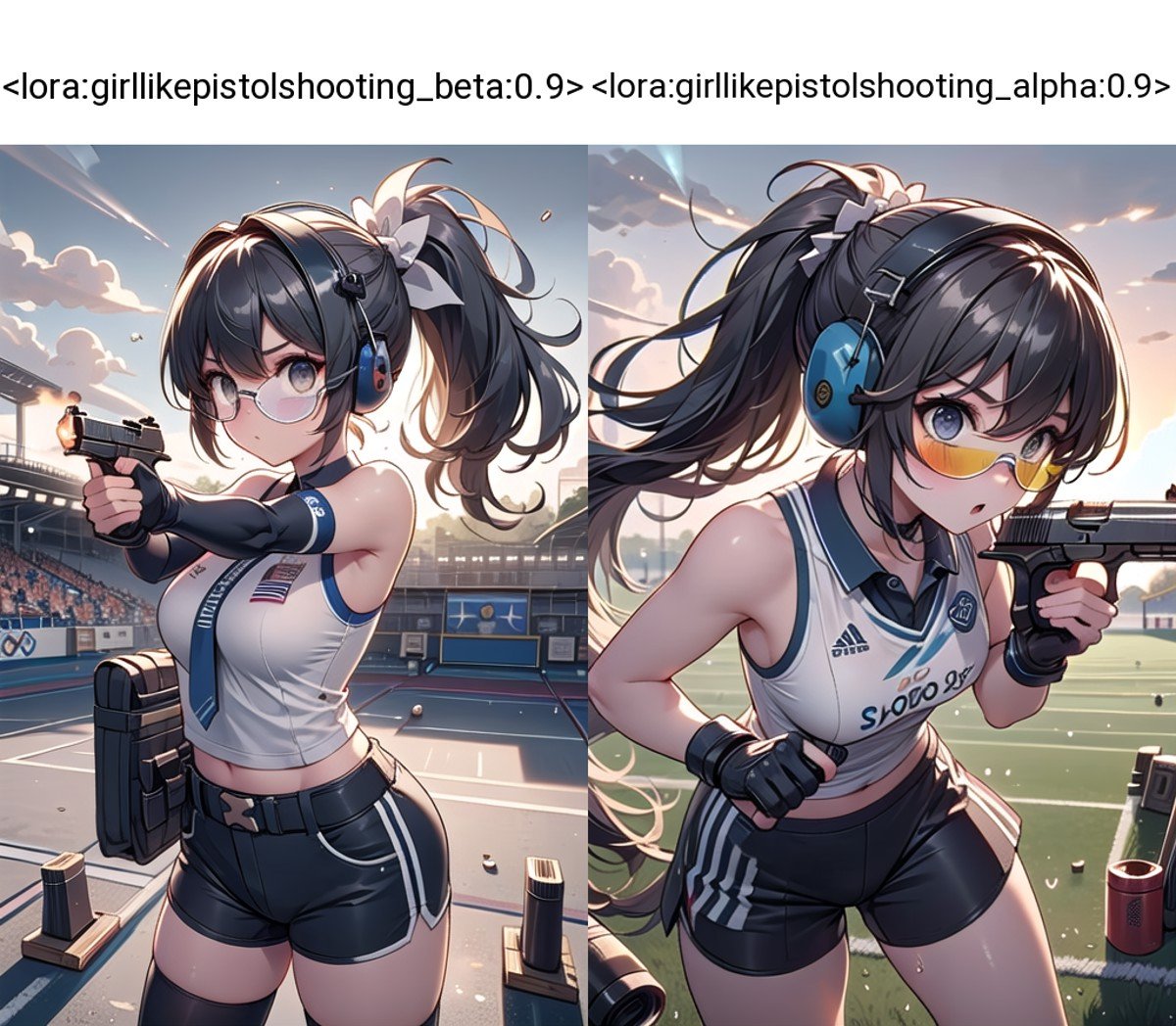 ((pistol shooting)), ((firing range)), (holding air handgun), muzzle flash, aiming at viewer and target, player uniform, sleeveless, sports shorts, ear defenders, fingerless gloves, olympic games venue, wind, steam, sweat, shadow, 1girl, braid hair, ponytail, big tits, facing viewer standing, (((tinted eyewear))), <lora:girllikepistolshooting_beta:0.9>