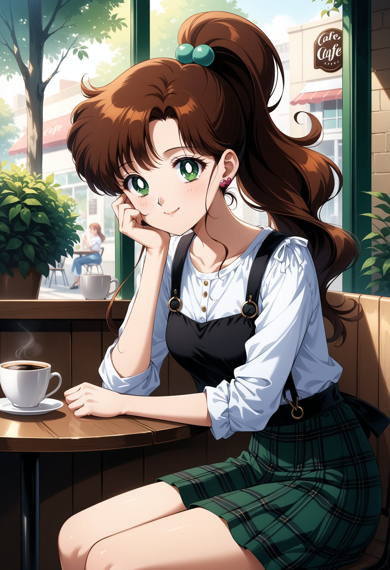 (masterpiece, best quality, very aesthetic, ultra detailed), intricate details, 4k, aajupiter, long hair, brown hair, ponytail, hair bobbles, earrings, green eyes, <lora:sailor_jupiter_animaginexl_v2:0.9>, casual, miniskirt, suspender skirt, plaid skirt, sitting, cafe, table, coffee, cup, smile, hand on own face,