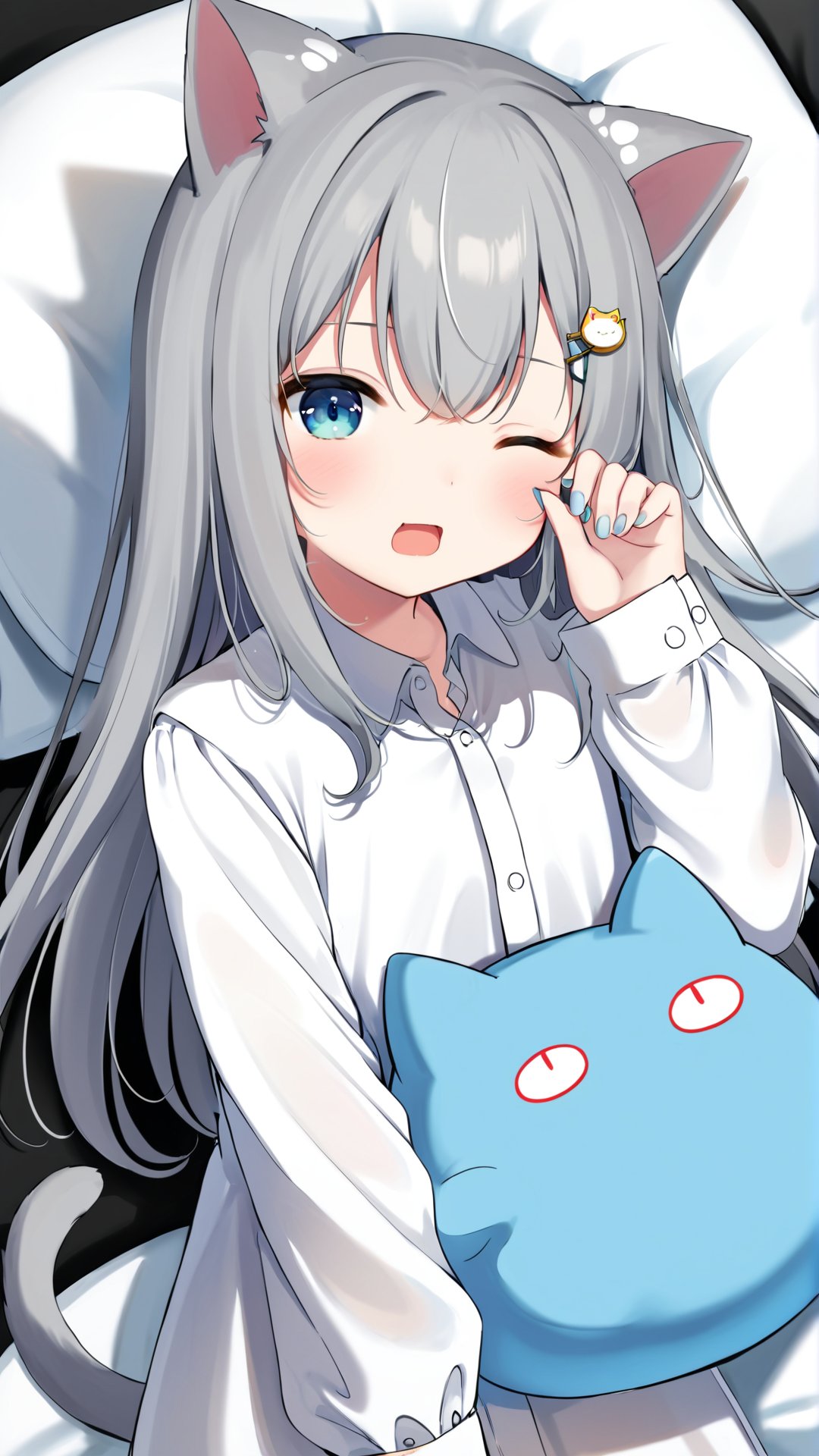 artist(甘城なつき),Nachoneko,1girl,shirt,animal ears,one eye closed,cat ears,tail,cat tail,sleeves past wrists,solo,white shirt,dress shirt,cat girl,collared shirt,long hair,hair ornament,long sleeves,blue eyes,bangs,grey hair,open mouth,hand up,hair between eyes,romaji text,nail polish,pillow,looking at viewer,fang,twitter username,blush,;o,hairclip,rubbing eyes,